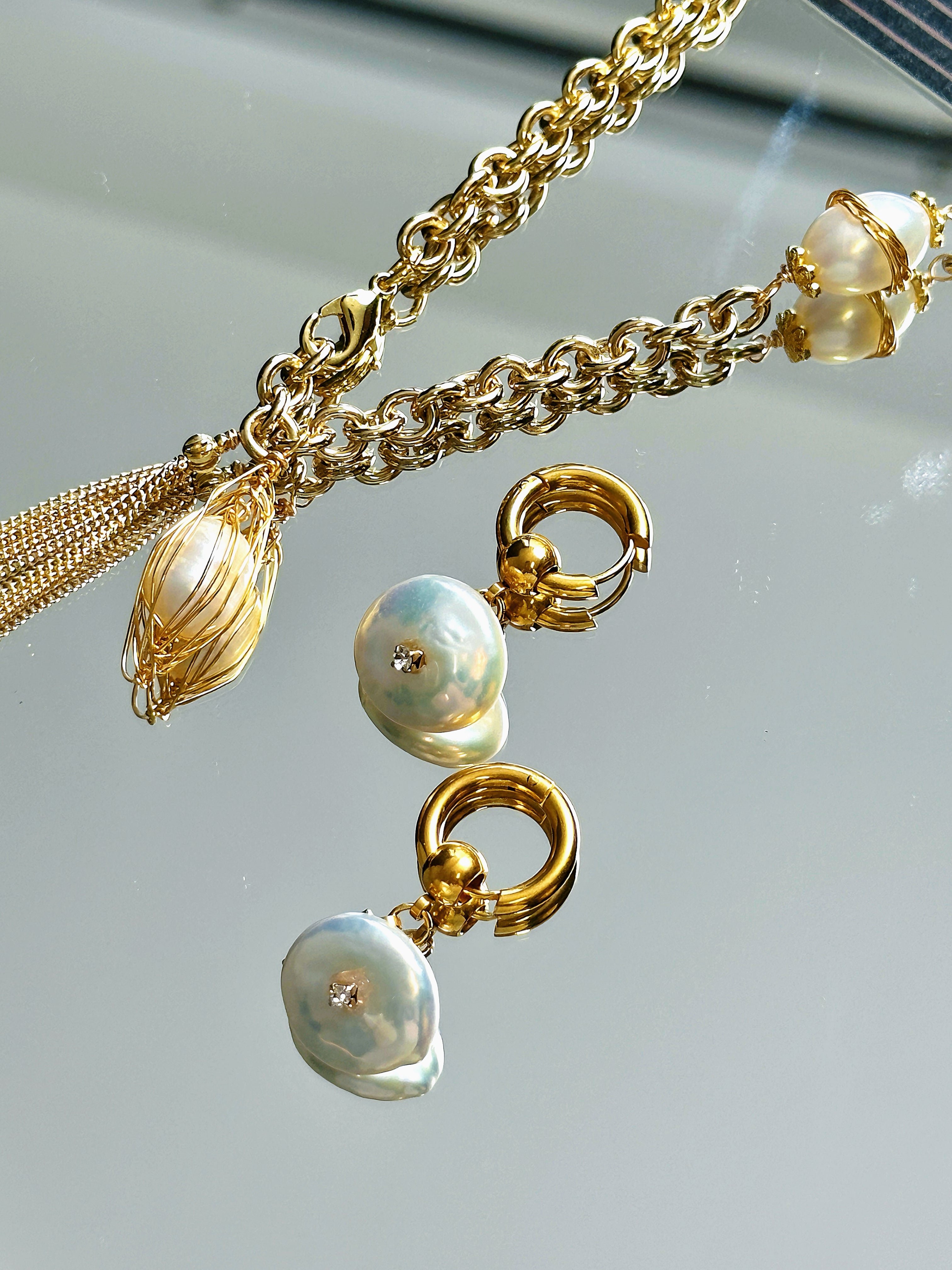 TT original-Pearl earrings- natural freshwater baroque pearls + zircon, personalized mixed-style cone-shaped pendant, high-end jewelry