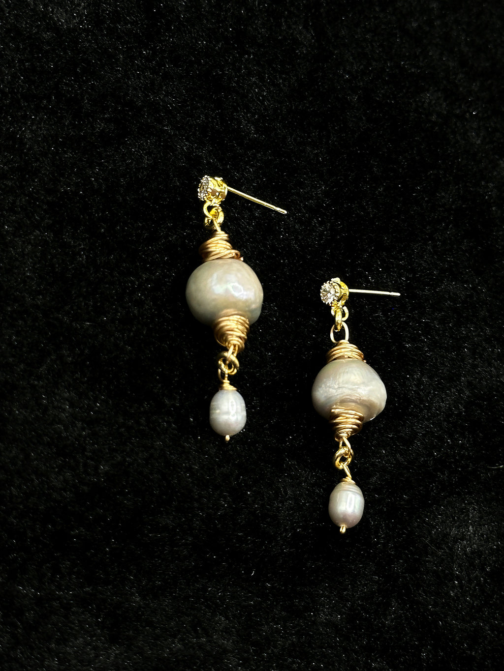 TT original-earring-Baroque Pearl and Gold Thread Earrings | Irregular Pearls + Micro Diamonds - Elegant Drape