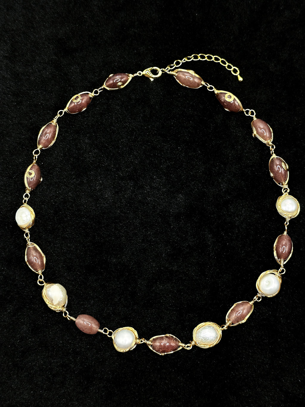 TT original-necklace-Two-tone beaded pearl necklace | Warm brown-red oval beads paired with gold wire-wrapped pearls | Women's style with extension chain