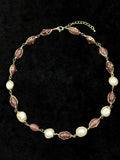 TT original-necklace-Two-tone beaded pearl necklace | Warm brown-red oval beads paired with gold wire-wrapped pearls | Women's style with extension chain