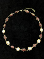 TT original-necklace-Two-tone beaded pearl necklace | Warm brown-red oval beads paired with gold wire-wrapped pearls | Women's style with extension chain