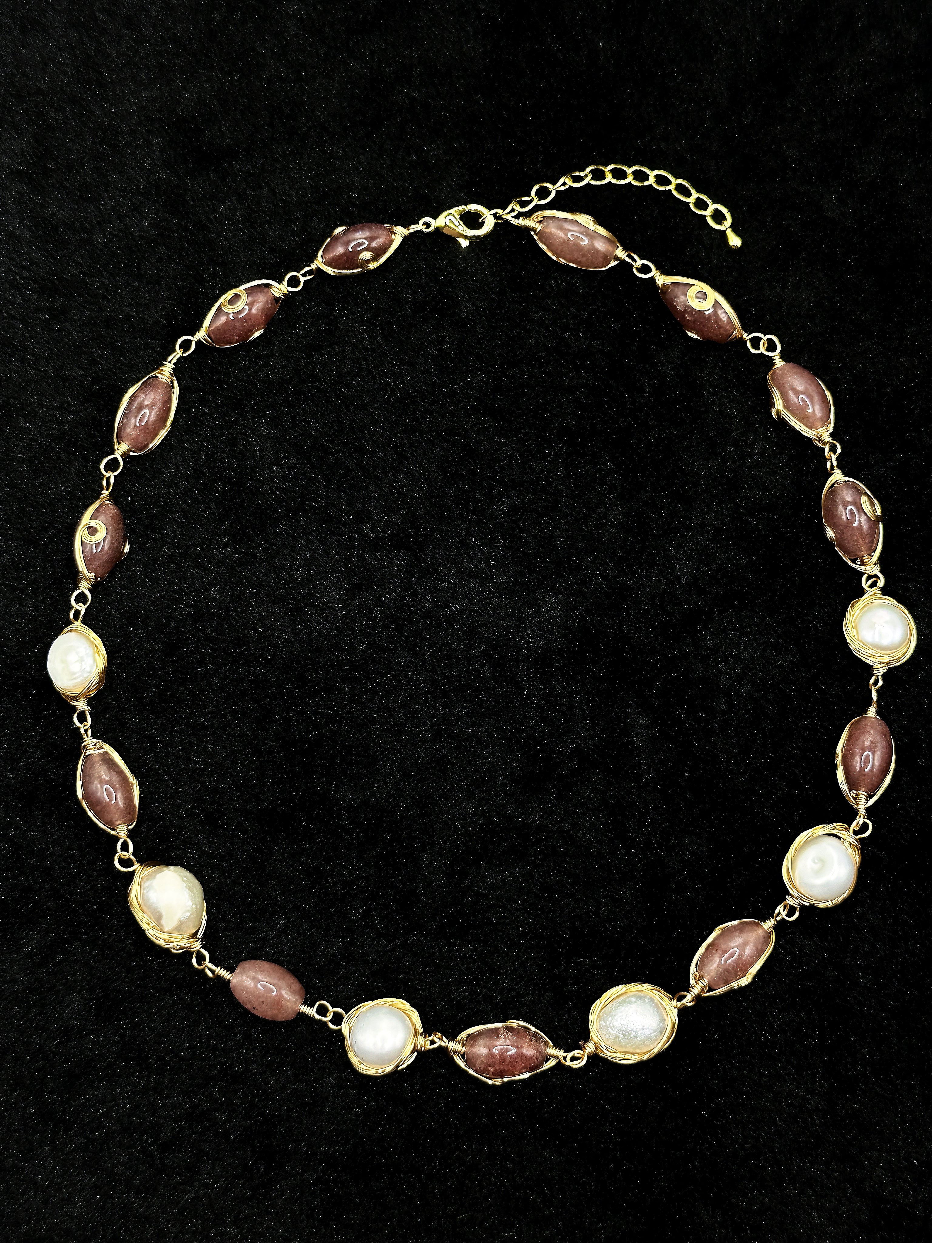 TT original-necklace-Two-tone beaded pearl necklace | Warm brown-red oval beads paired with gold wire-wrapped pearls | Women's style with extension chain