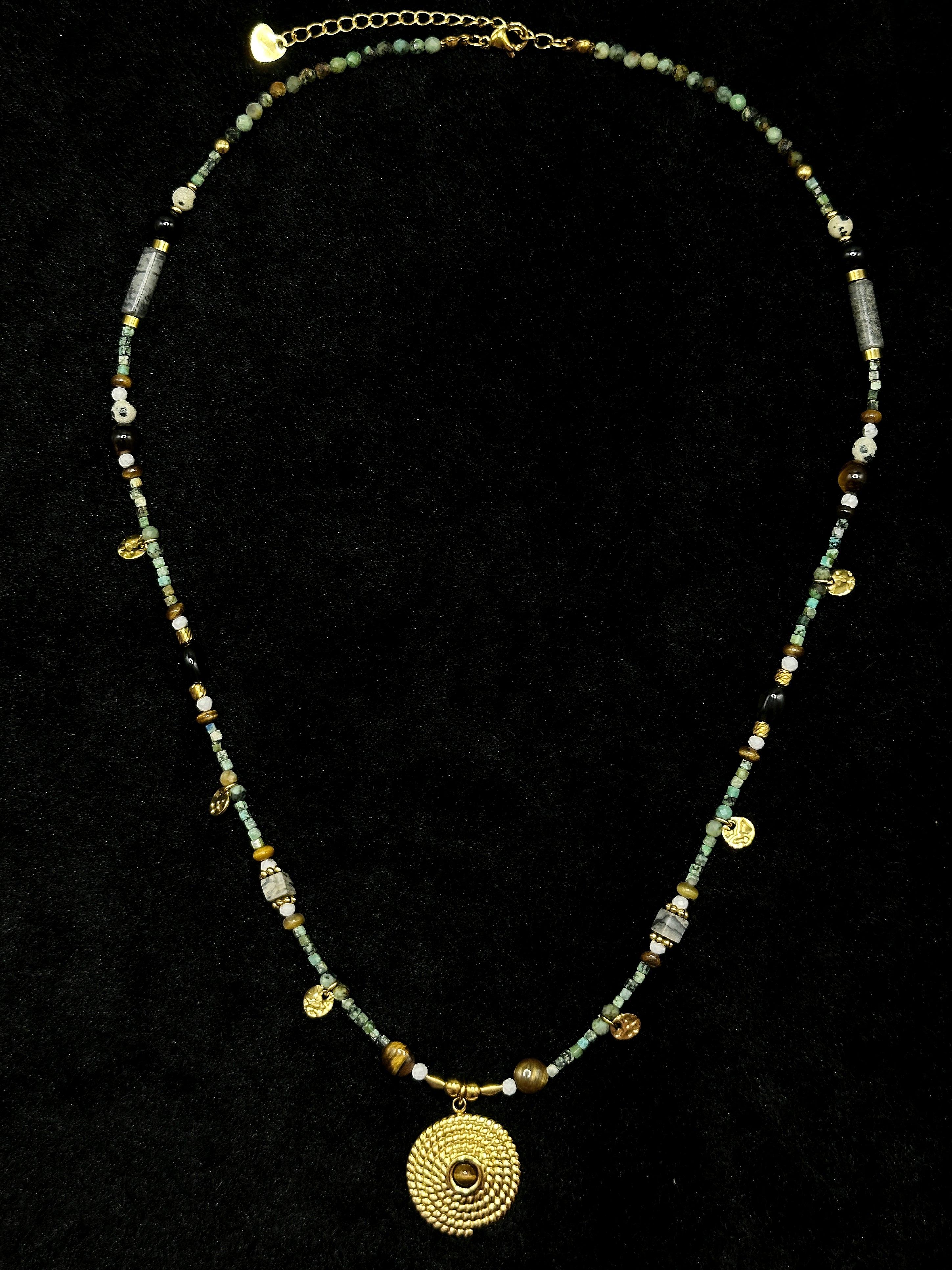 TT original-necklace-Unique tribal style | Bohemian beaded gold pendant necklace | Adjustable turquoise necklace | Handmade style for women