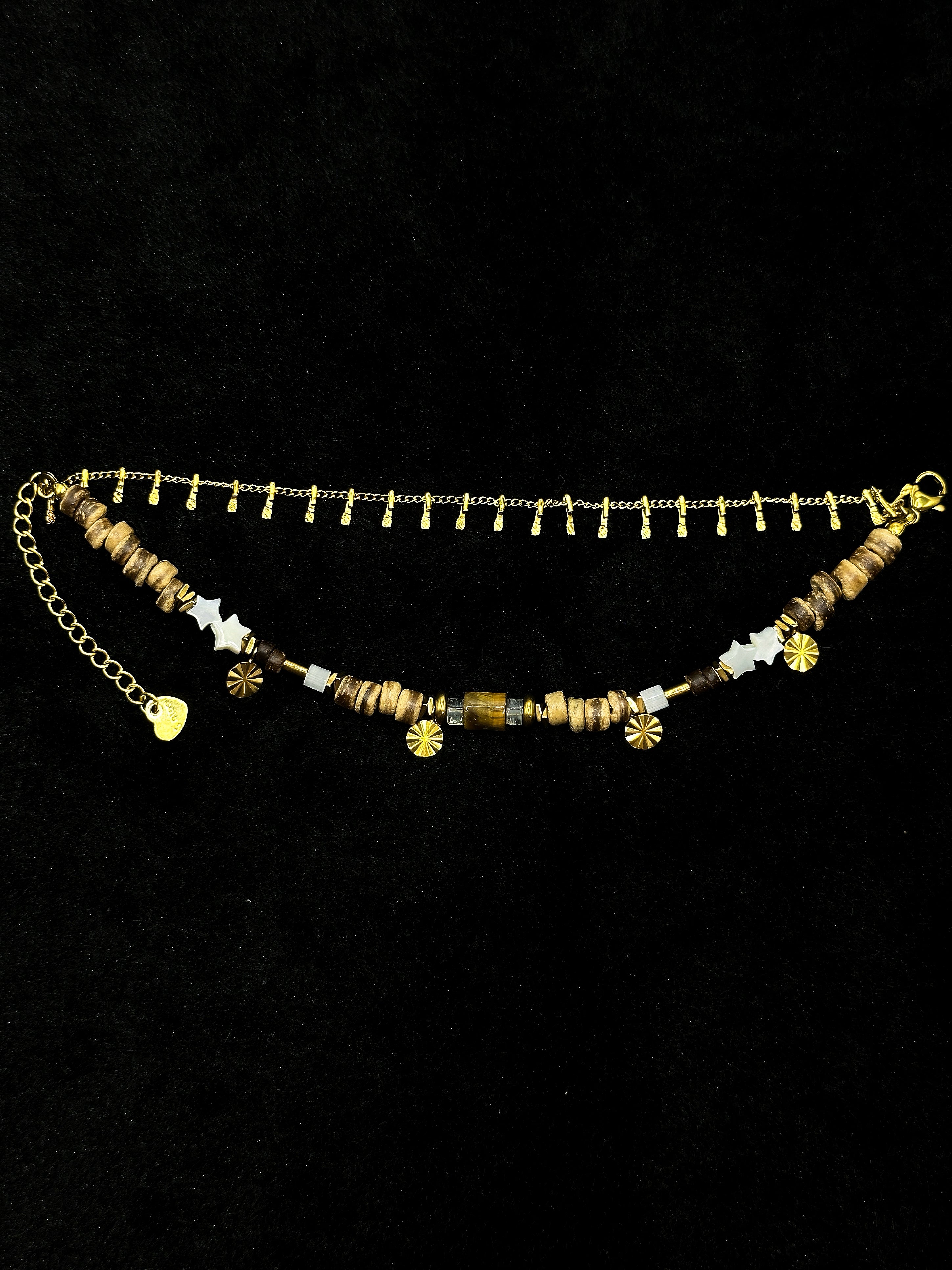 TT original-bracelet-Vintage Bohemian Multi-Layer Bracelet | Irregularly Shaped Wooden Beads and Gold Chain Stacking | Star and Heart Pendant Jewelry | Forest-Style Vacation Accessories | Instagram-Style | Summer Beach Vacation Bracelet