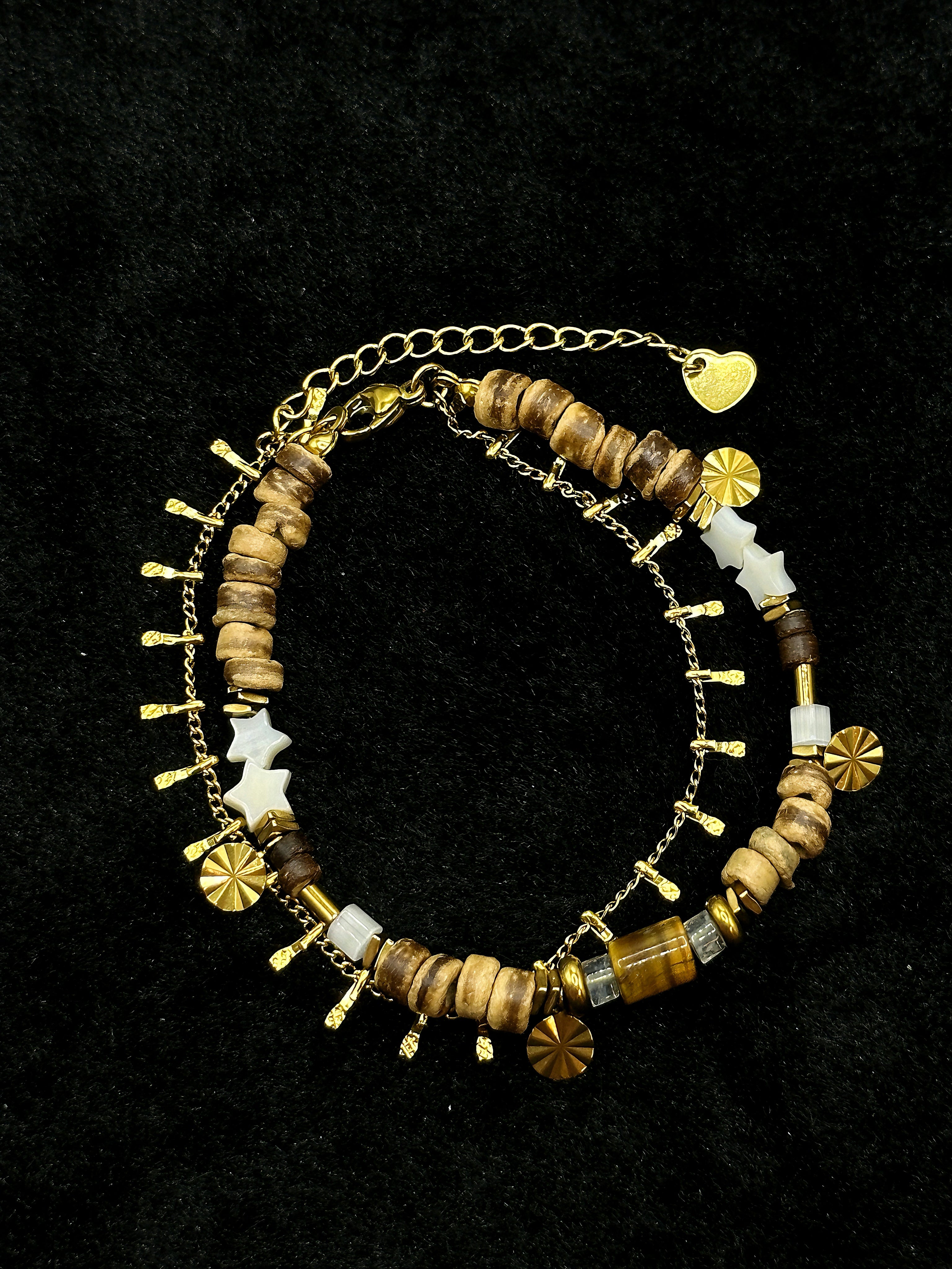 TT original-bracelet-Vintage Bohemian Multi-Layer Bracelet | Irregularly Shaped Wooden Beads and Gold Chain Stacking | Star and Heart Pendant Jewelry | Forest-Style Vacation Accessories | Instagram-Style | Summer Beach Vacation Bracelet