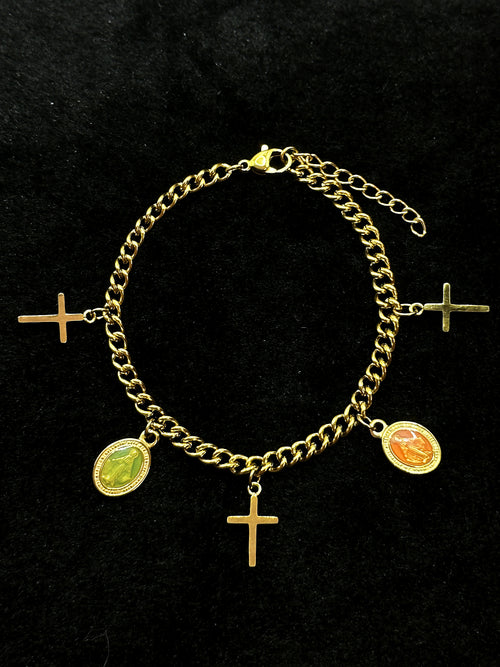 TT original-bracelet-Gold bracelet with Virgin Mary pendant | Vintage religious style | Thick cross chain | Street retro trendy accessory