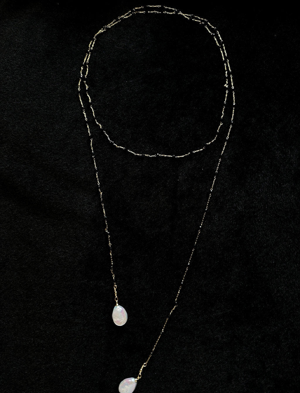 TT original-necklace-Black crystal natural baroque pearl pendant | Long necklace, sweater chain, Y-shaped chain | Exquisite double-layered necklace | High-end, sophisticated, and cool style