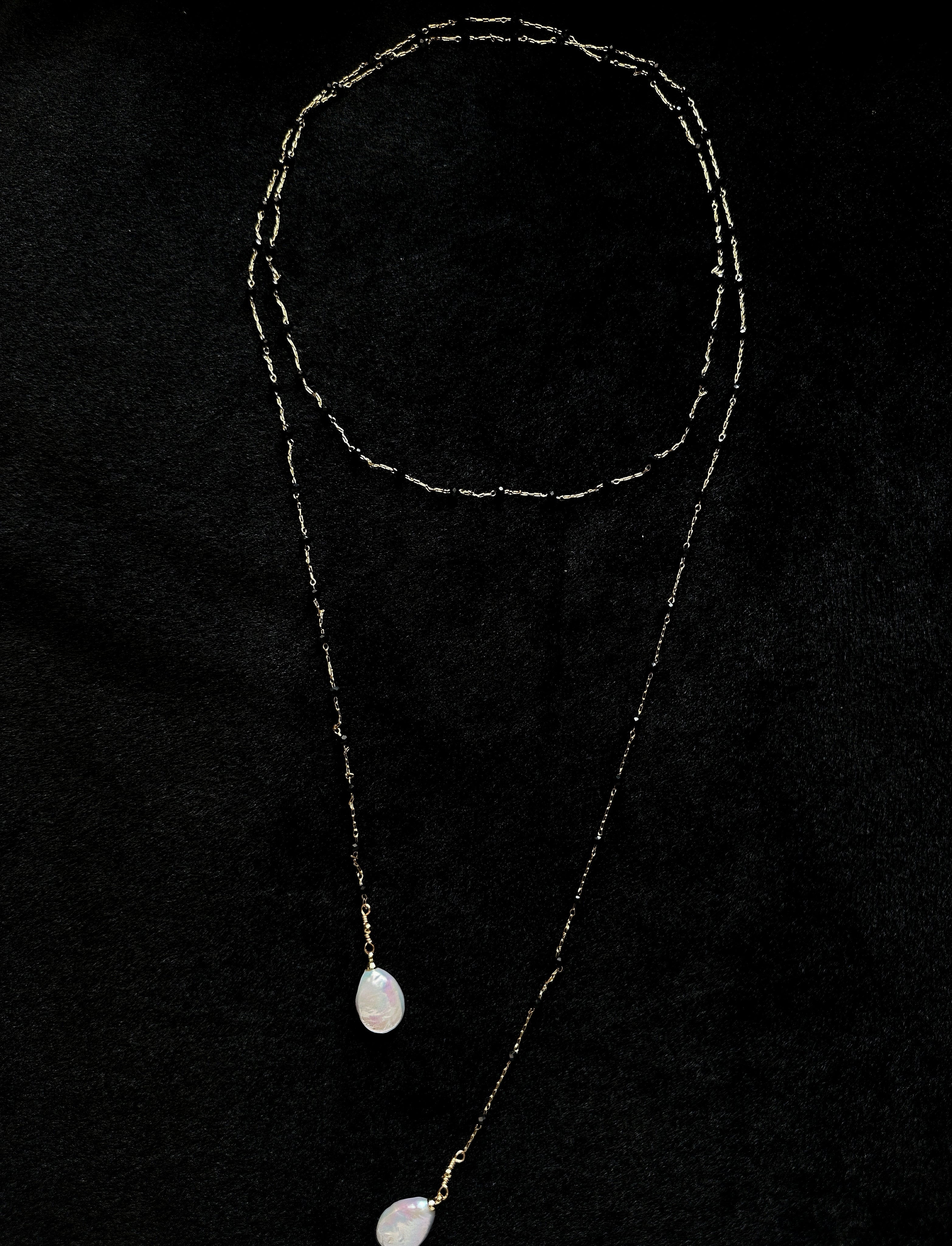TT original-necklace-Black crystal natural baroque pearl pendant | Long necklace, sweater chain, Y-shaped chain | Exquisite double-layered necklace | High-end, sophisticated, and cool style