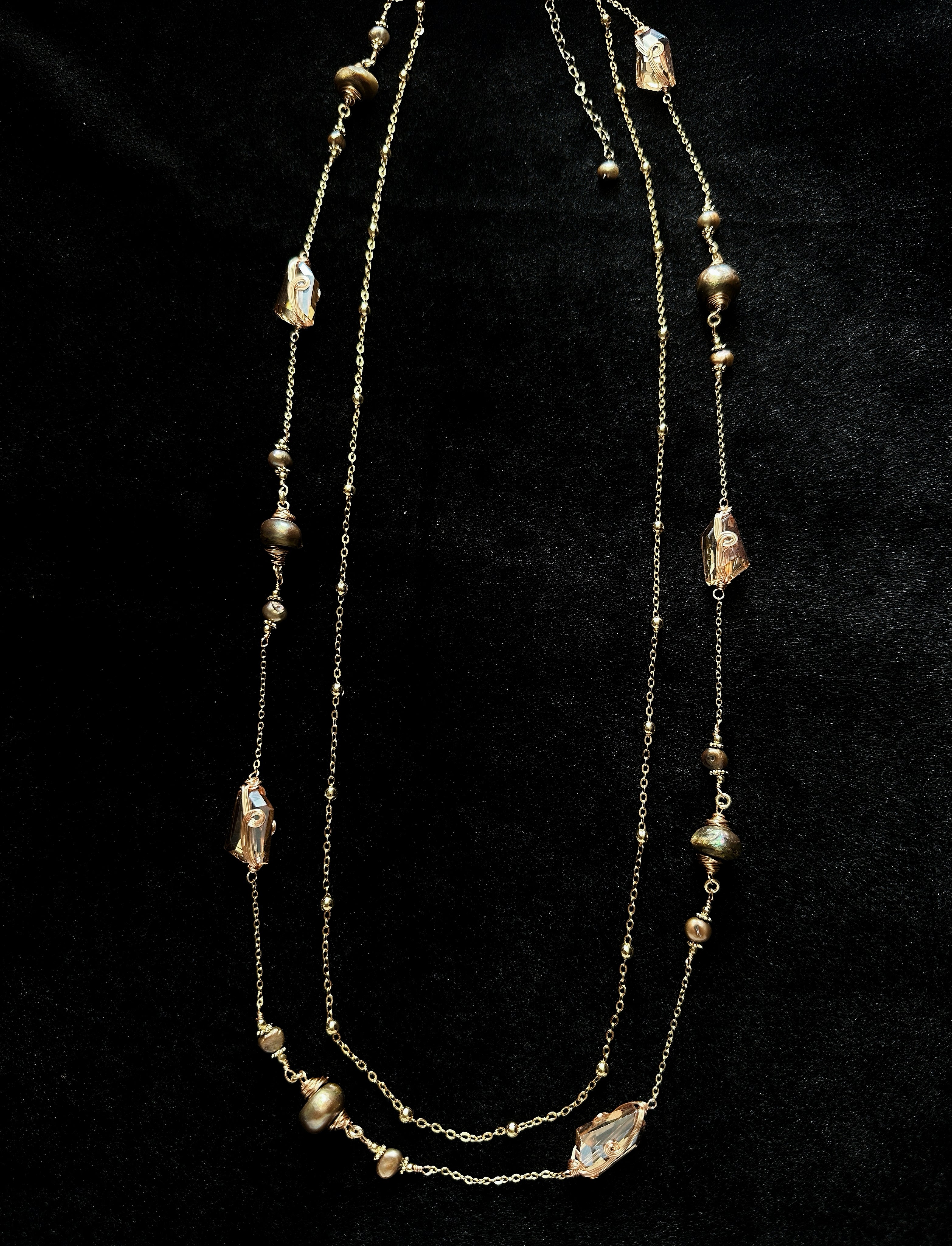 TT original-necklace-Vintage Bohemian style multi-layered handmade gold bead necklace | Champagne-colored crystal and pearl necklace set | Perfect for evening gowns