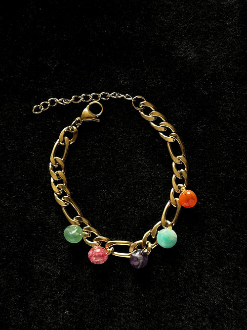 TT original-bracelet-Gold chunky chain with mixed colored gemstones bracelet | Street style | Retro-modern mix | Party/evening | Affordable luxury trendy bracelet