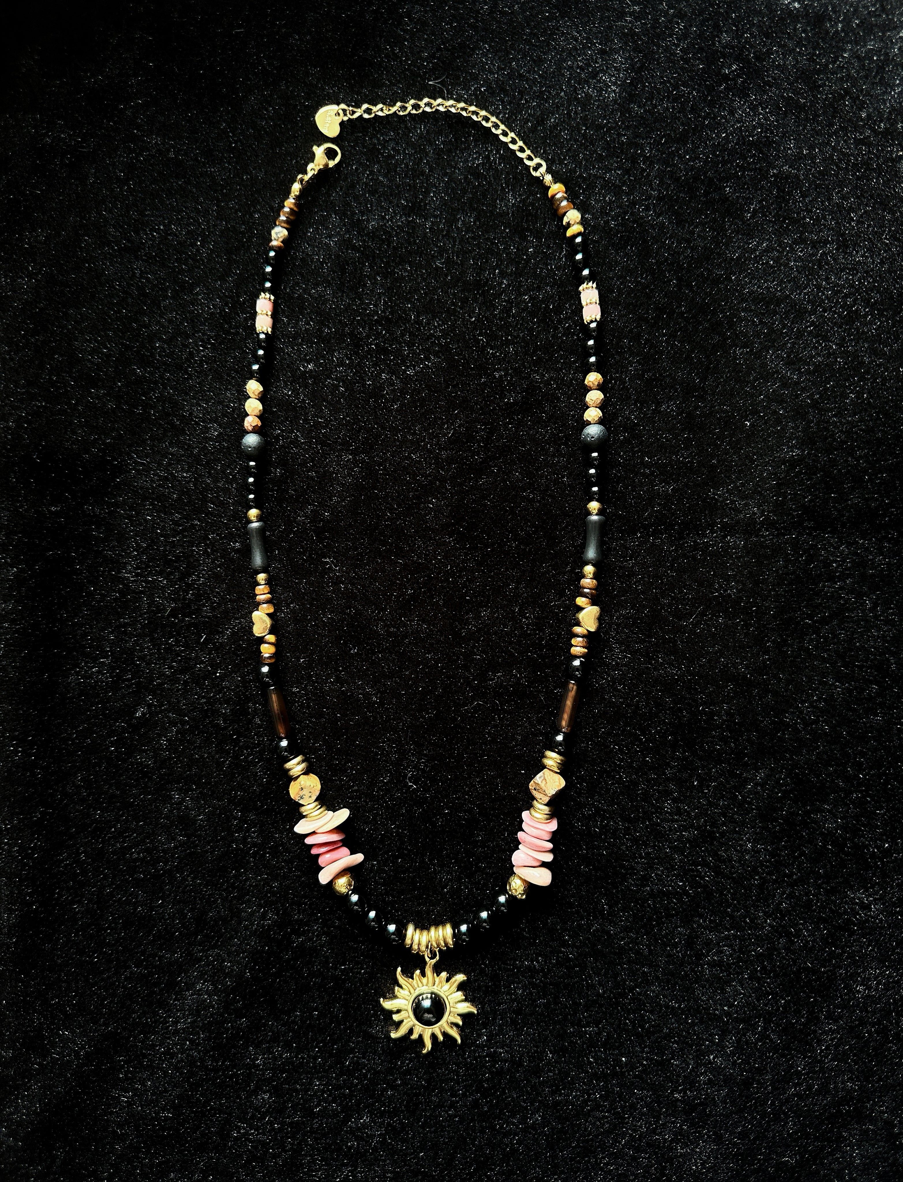 TT original-necklace-Bohemian-style gold sun motif pendant | Multi-colored beaded necklace | Unique pink natural gemstone necklace
