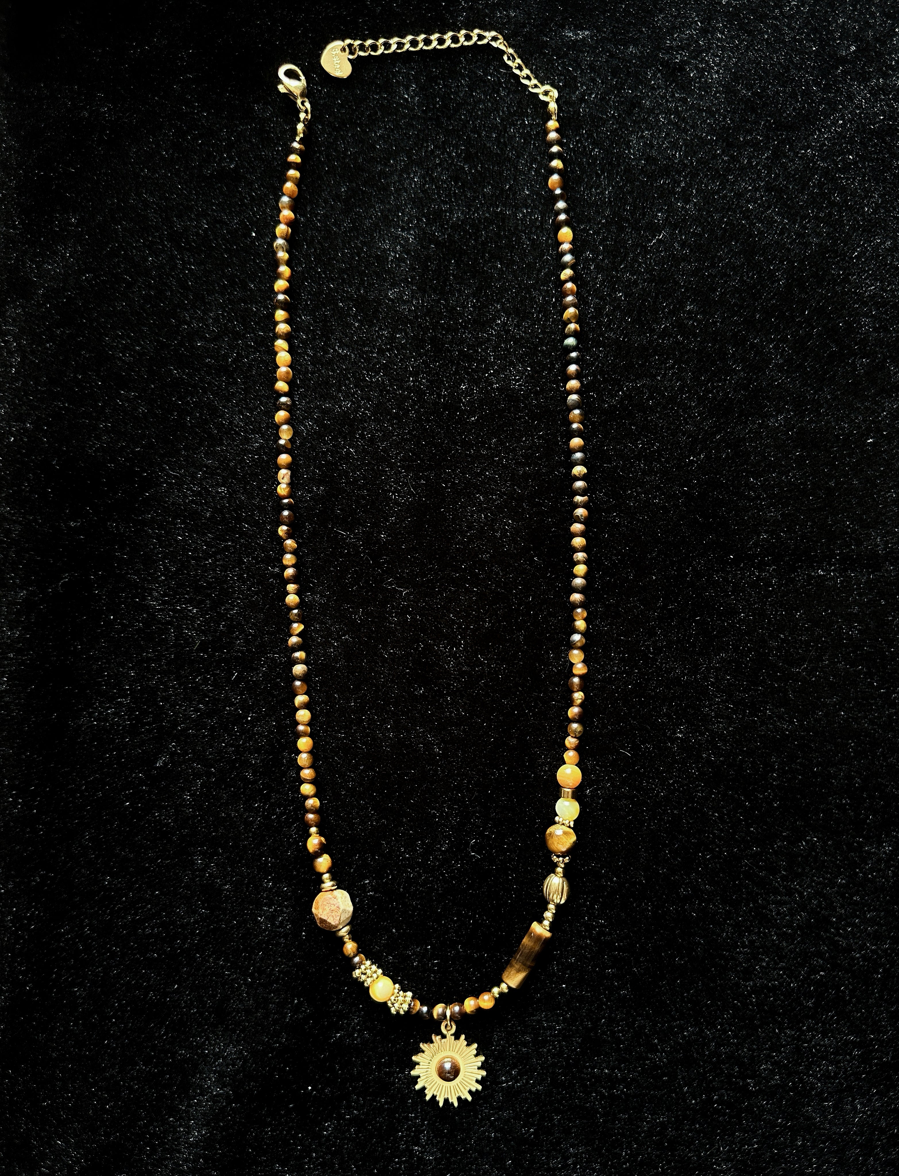 TT original-necklace-Earth-toned natural tiger's eye necklace | Vintage beaded necklace | Energy stone with sun pendant | Handmade natural gemstone Bohemian style