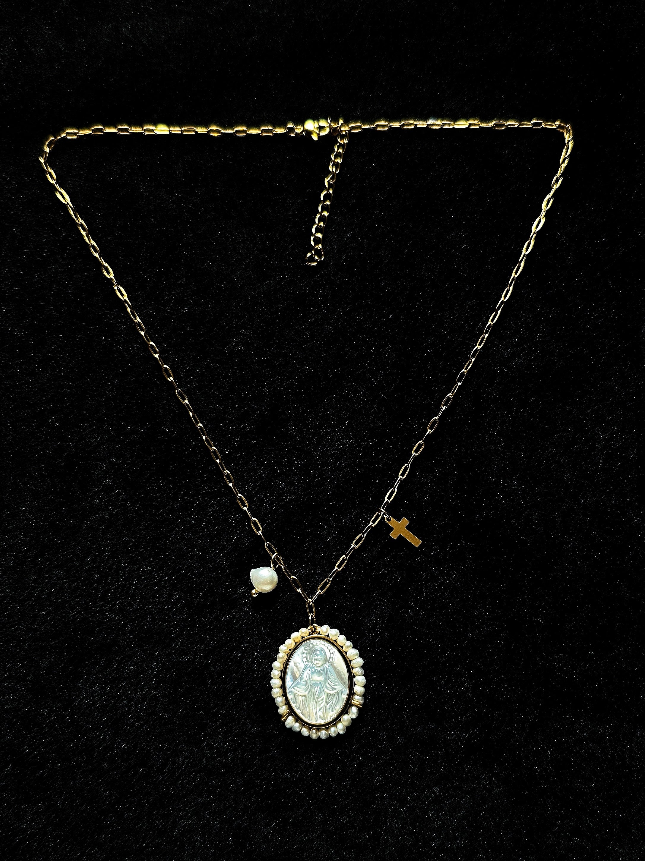 TT original-necklace-French Vintage Virgin Mary Medal Necklace | Victorian Style | Cross Pendant | Niche Design | Vintage Hong Kong Style High-End Jewelry