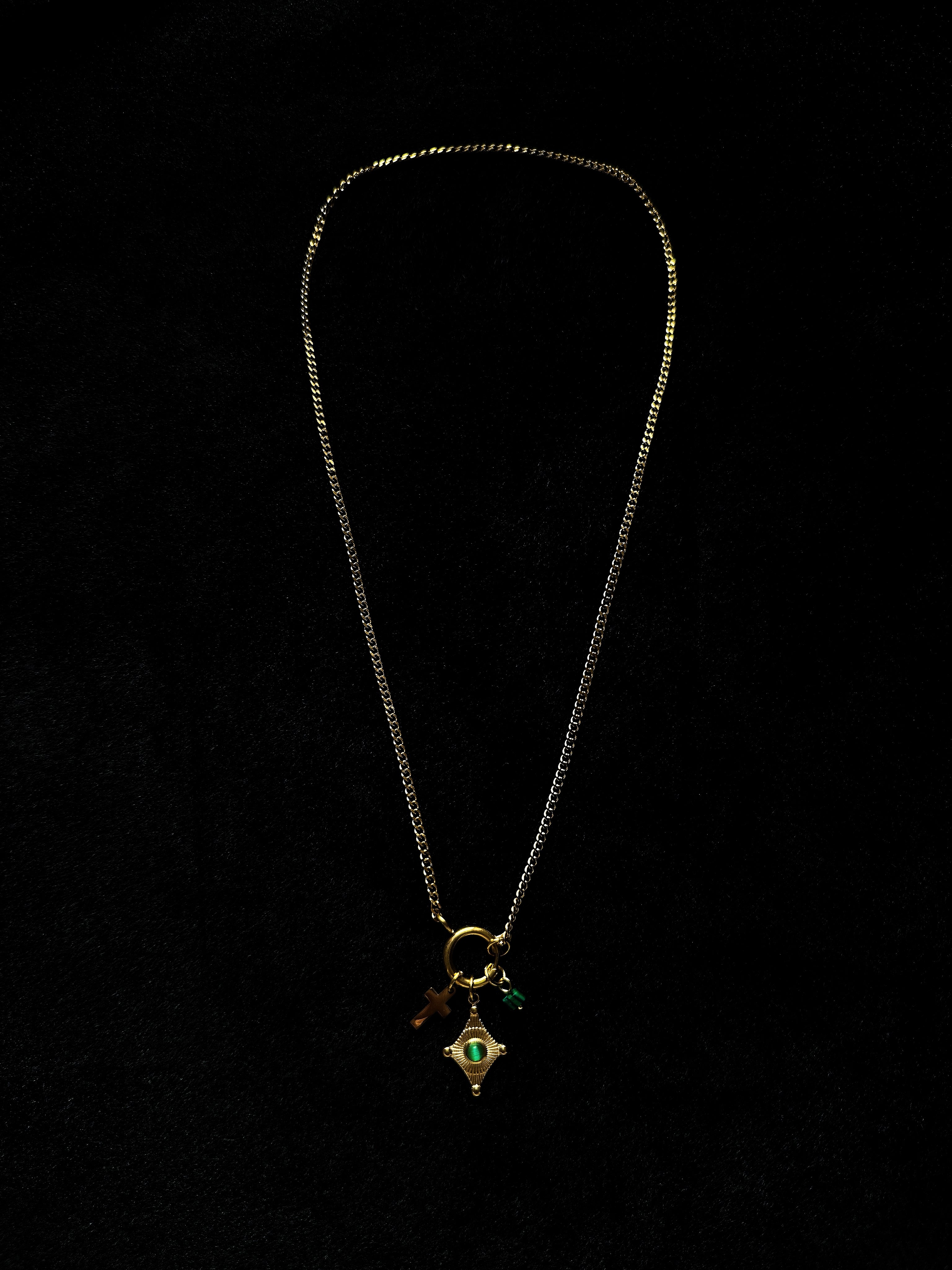 TT original-necklace-Green vintage French necklace | Sunburst cross pendant | Gift of faith | Layered necklaces with an atmospheric feel