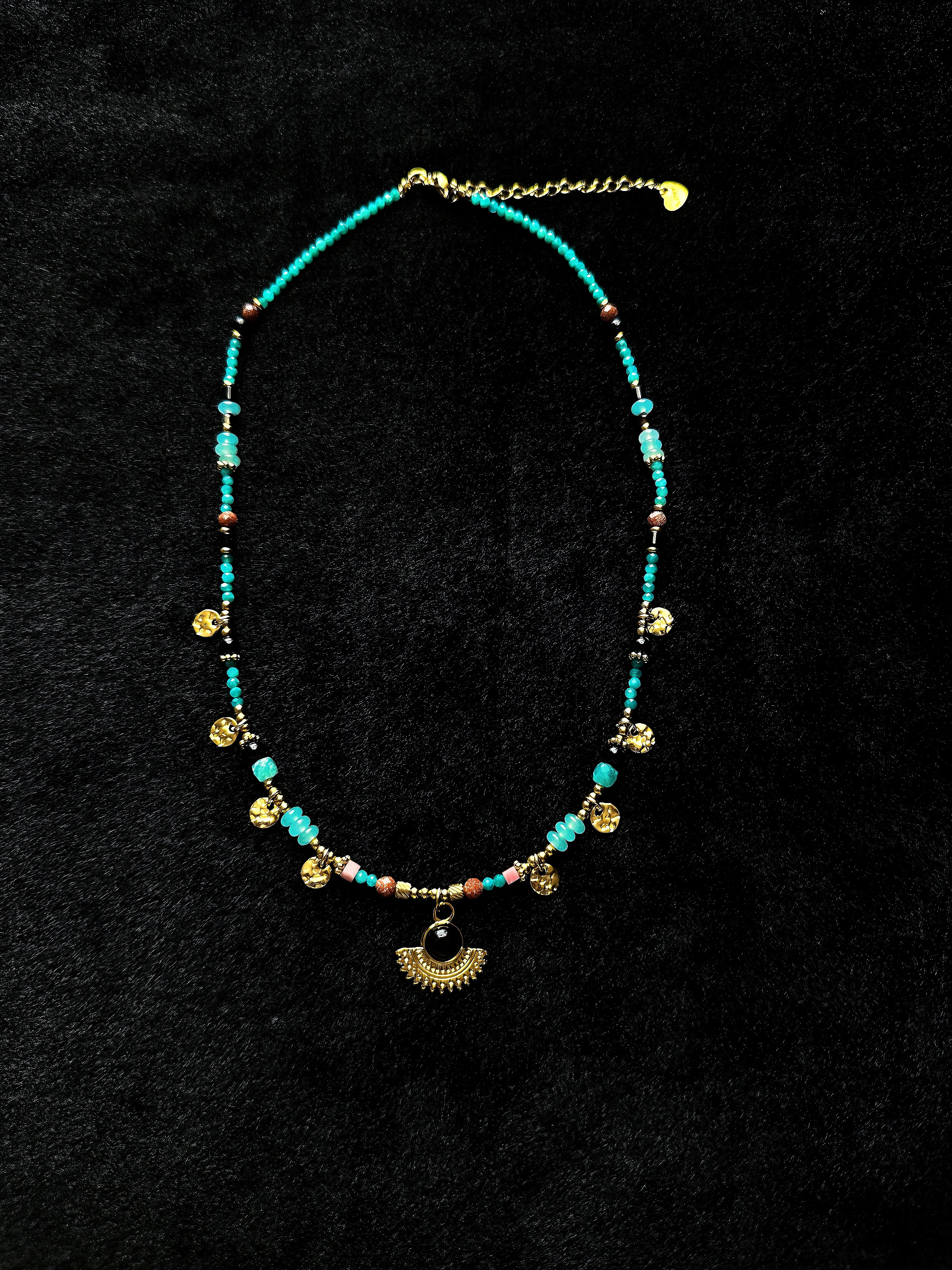 TT original-necklace-Unique and exquisite blue-green beaded necklace | Gold fan-shaped and crescent-shaped pendant | Summer beachwear | Tribal-style necklace