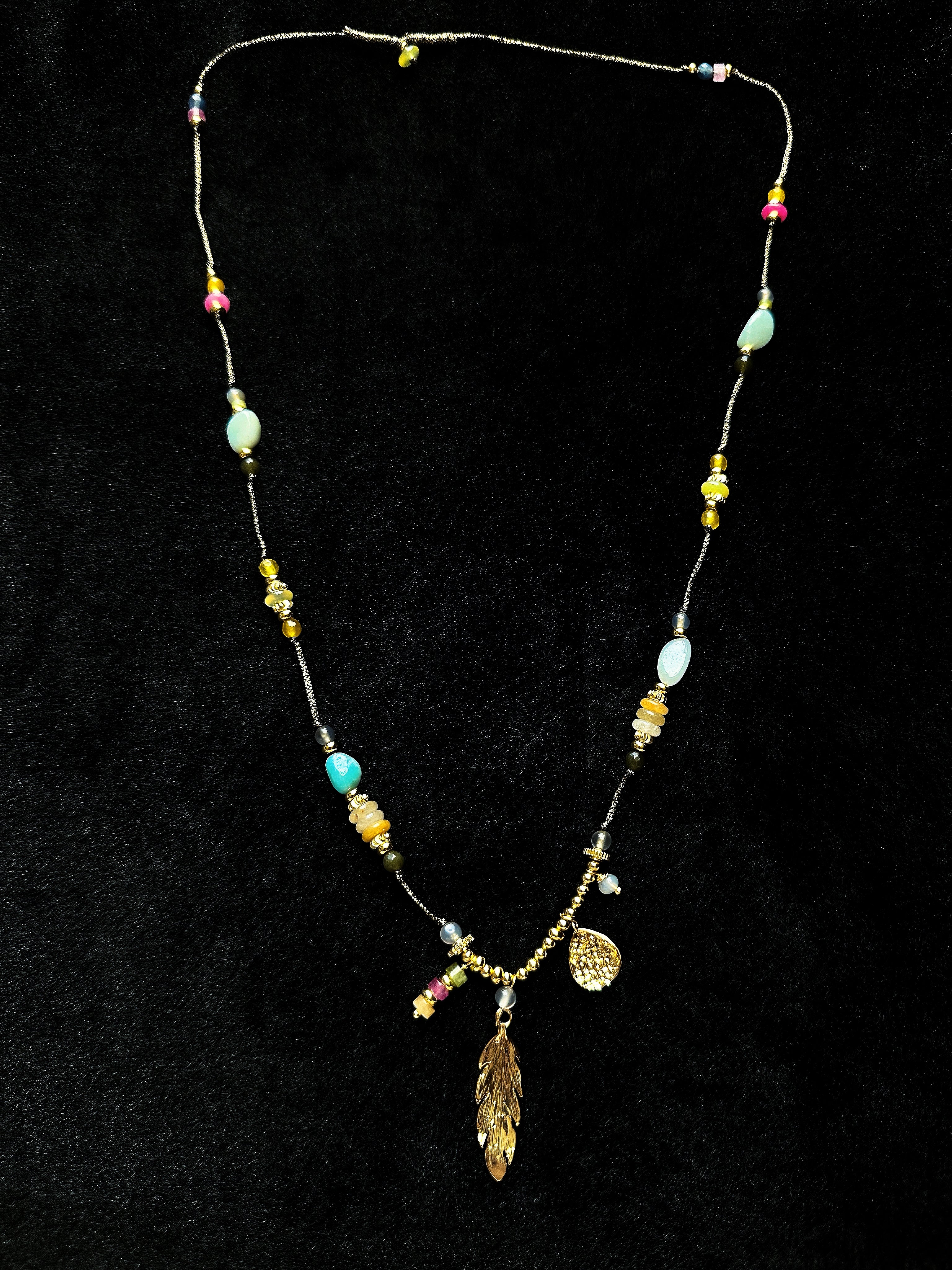 TT original-necklace-Bohemian Gold Feather Long Necklace | Vacation Ethnic Style | Casual Denim Outfit | Handmade Knitting | Niche Beaded Jewelry | Music Festival Outfit