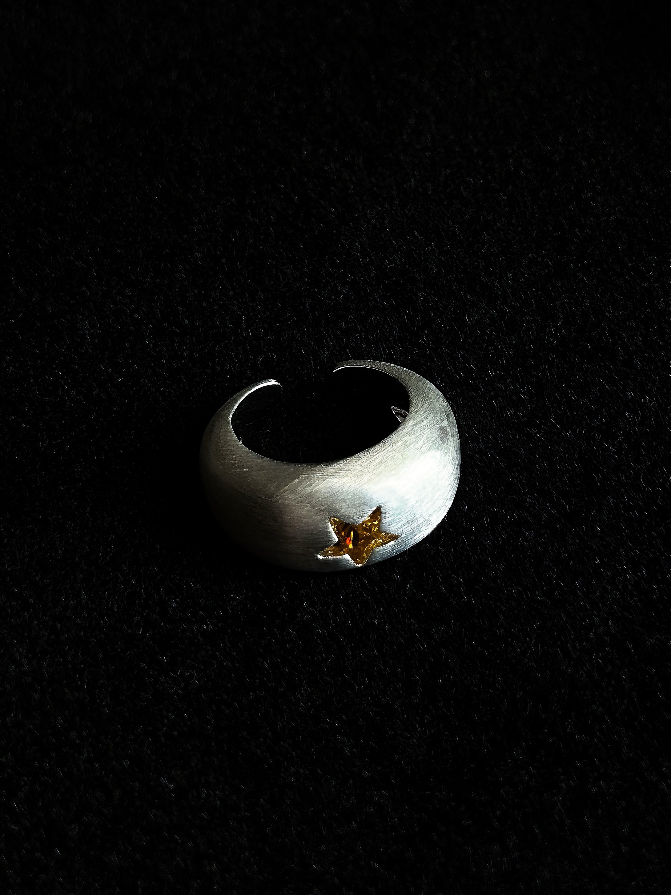 TT original-ring-Vintage half-moon open ring | Handmade feel | Matte brushed silver ring | Five-pointed star ring | Unique wide ring