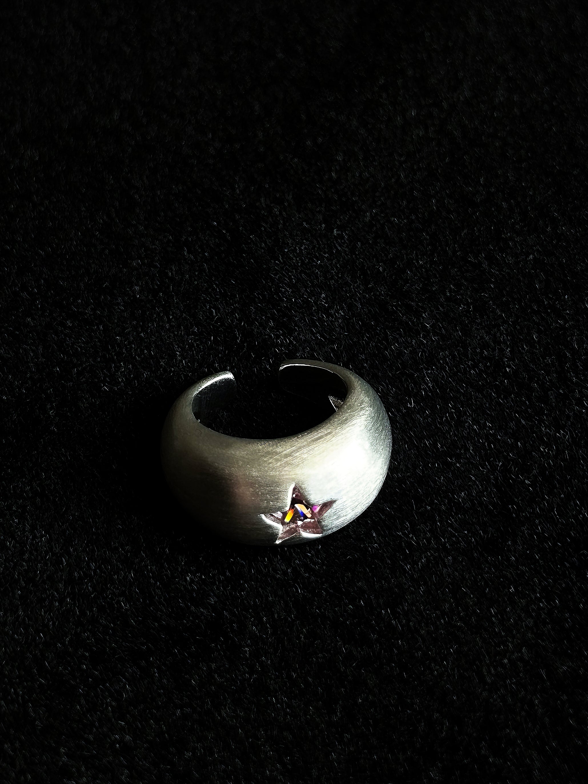 TT original-ring-Vintage half-moon open ring | Handmade feel | Matte brushed silver ring | Five-pointed star ring | Unique wide ring