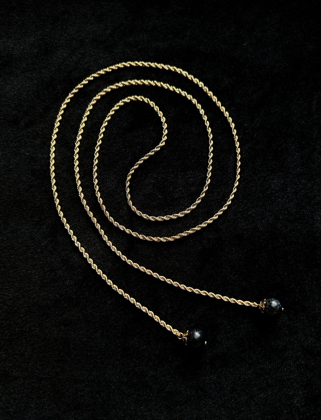 TT original-necklace-Understated luxury black and gold necklace | Gold braided long chain | Black gemstone tassel pendant | Stackable light luxury necklace