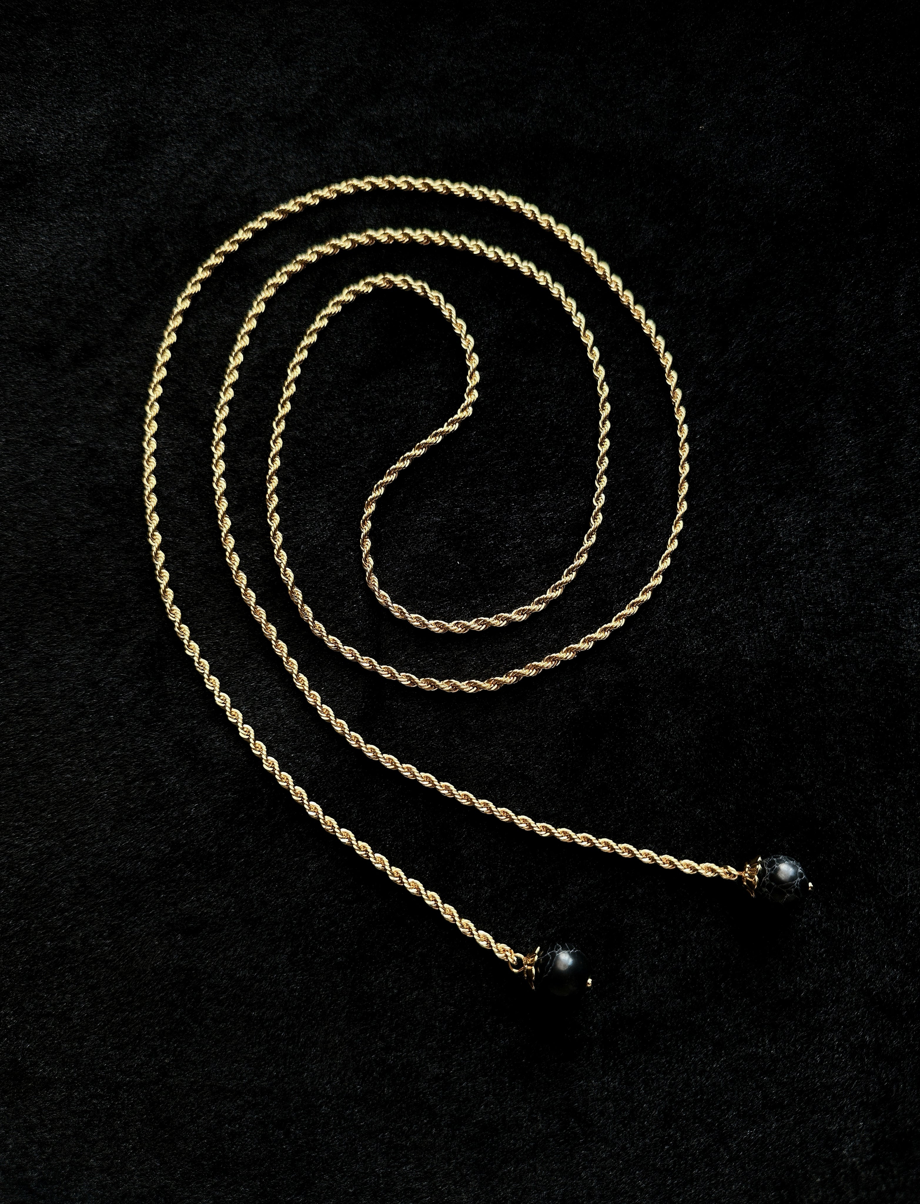 TT original-necklace-Understated luxury black and gold necklace | Gold braided long chain | Black gemstone tassel pendant | Stackable light luxury necklace