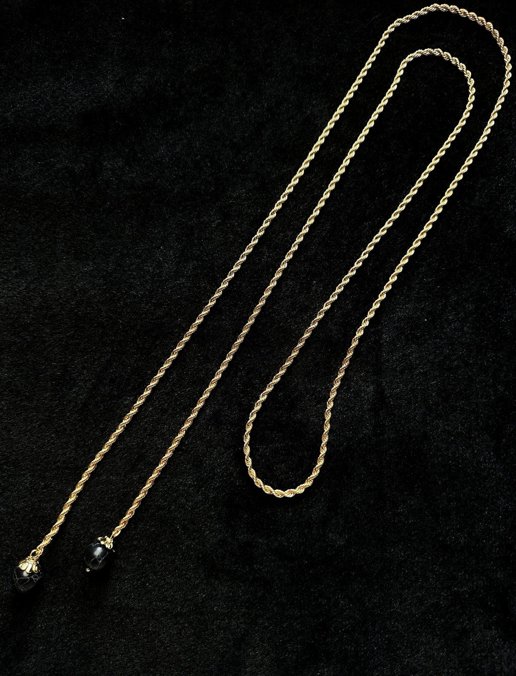 TT original-necklace-Understated luxury black and gold necklace | Gold braided long chain | Black gemstone tassel pendant | Stackable light luxury necklace