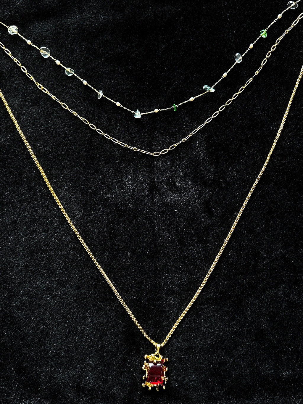 TT original-necklace-Vintage gold ruby square necklace | Baroque pattern pendant | Small multi-layered delicate chain necklace