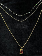 TT original-necklace-Vintage gold ruby square necklace | Baroque pattern pendant | Small multi-layered delicate chain necklace