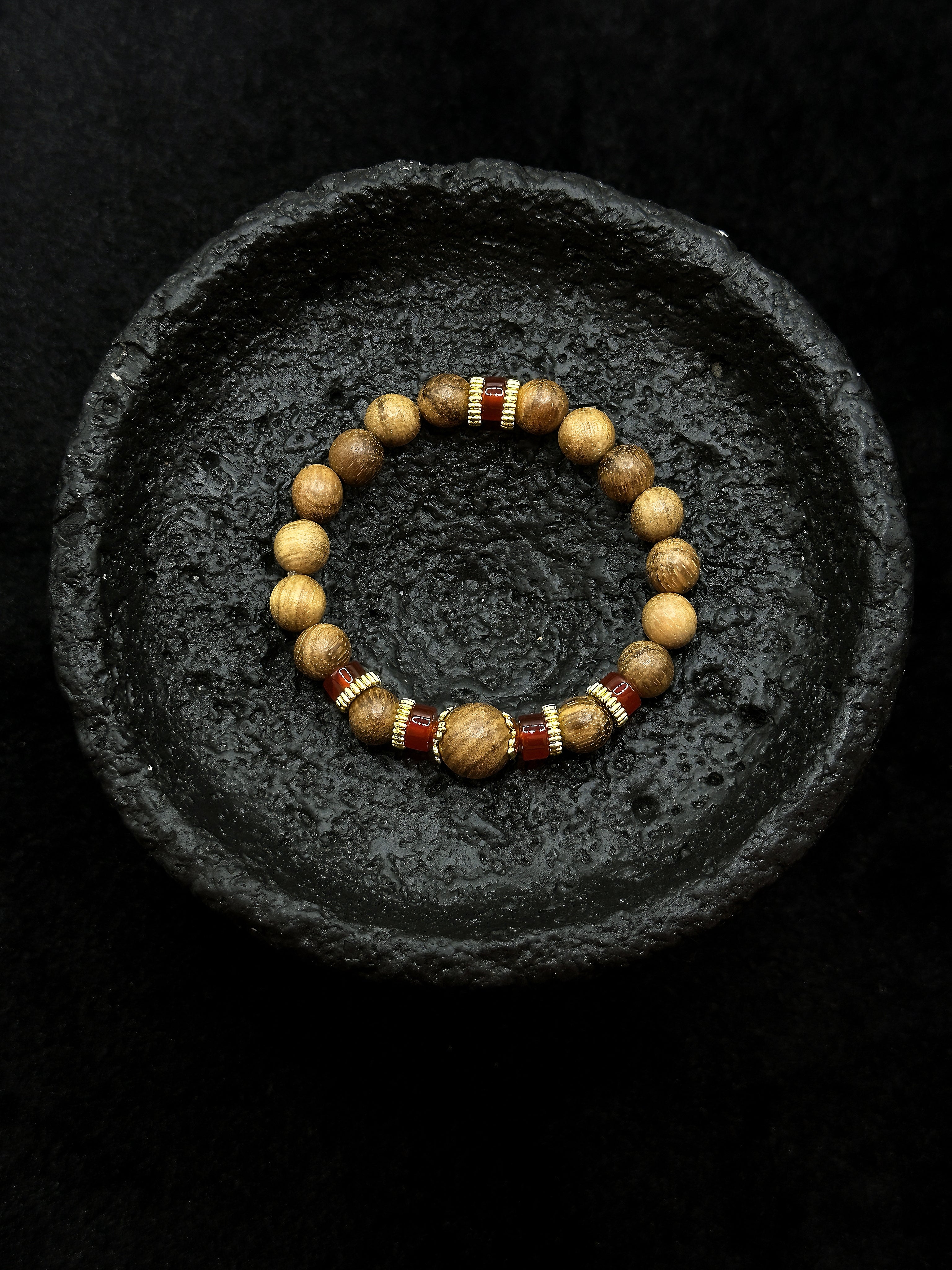 TT original-bracelet-Agarwood x Red Agate Bracelet | Simple and Versatile Elastic Bracelet | Gold Spacer Beads | A Zen-Inspired Unisex Bracelet