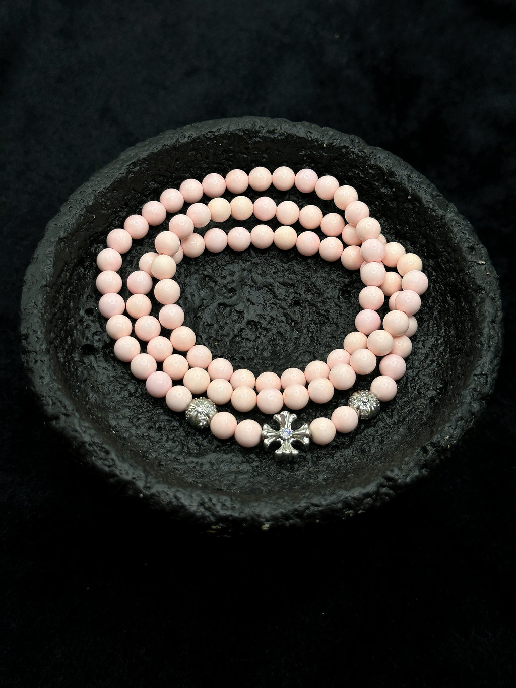 TT original-necklace-Pink round natural stone bead necklace | Vintage carved spacer bead necklace | Coral pink | Luxurious and flattering | Multiple ways to wear | Cross accessory