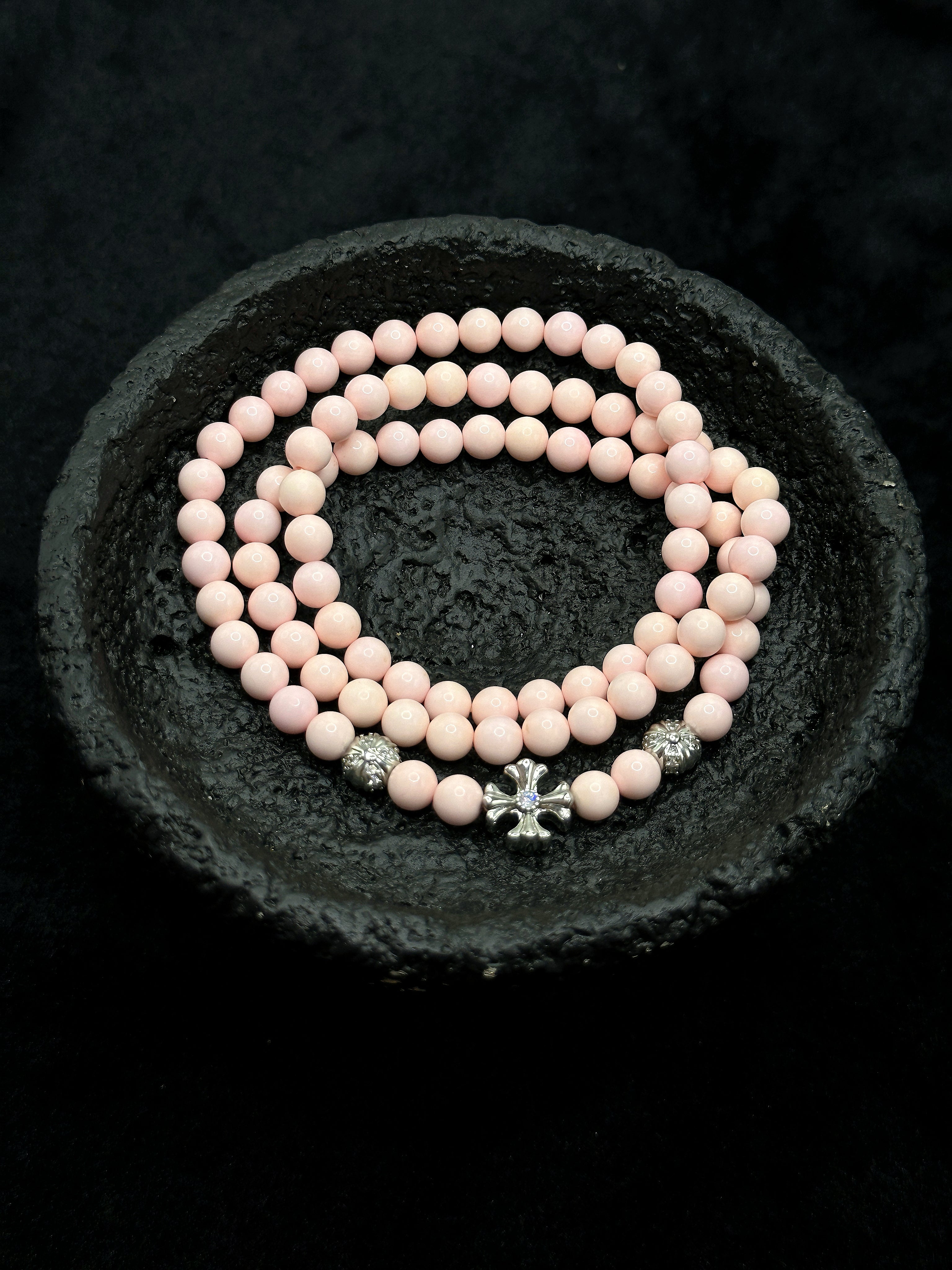 TT original-necklace-Pink round natural stone bead necklace | Vintage carved spacer bead necklace | Coral pink | Luxurious and flattering | Multiple ways to wear | Cross accessory