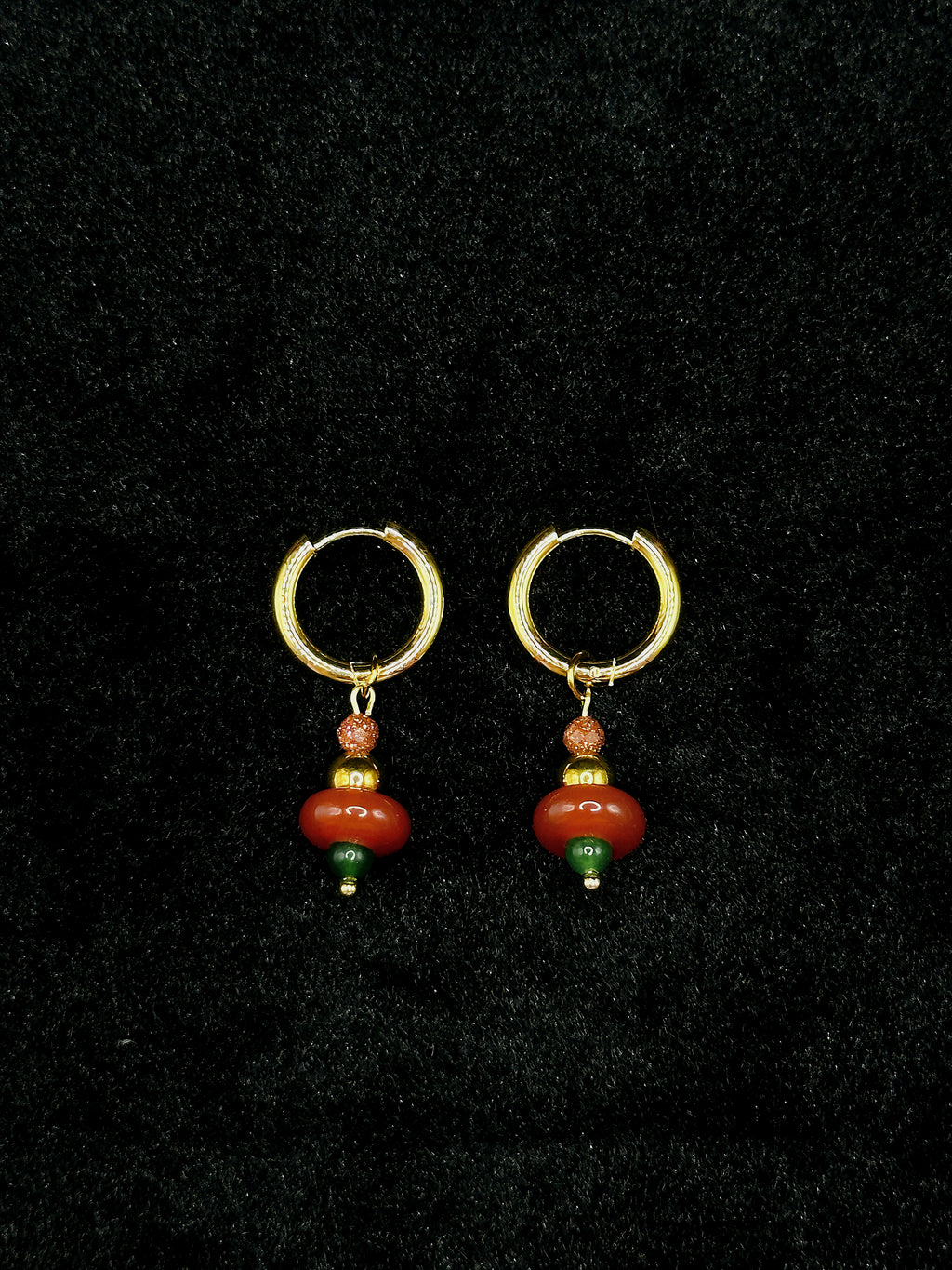 TT original-earring-Vintage Red Agate and Green Jade Earrings | Handmade Gold Sandstone Beaded Earrings | Bohemian Style Natural Stone Pendant Earrings