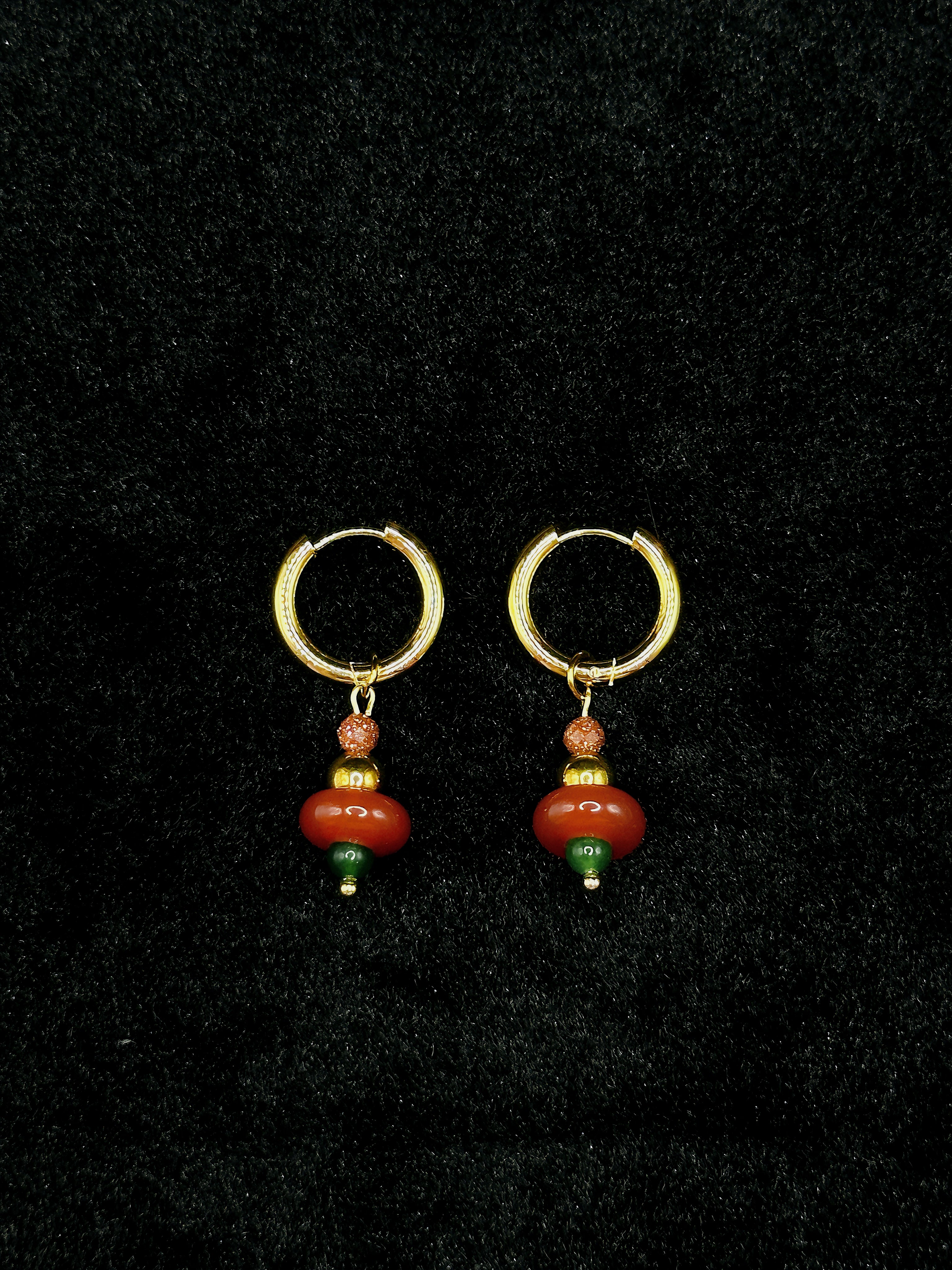 TT original-earring-Vintage Red Agate and Green Jade Earrings | Handmade Gold Sandstone Beaded Earrings | Bohemian Style Natural Stone Pendant Earrings