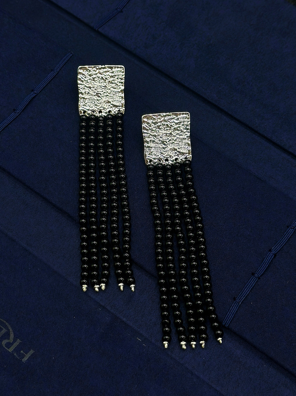 TT original-earring-Black agate beaded tassel earrings | Silver statement dangling earrings | Geometric square earrings | Evening jewelry