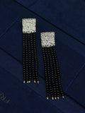 TT original-earring-Black agate beaded tassel earrings | Silver statement dangling earrings | Geometric square earrings | Evening jewelry