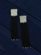 TT original-earring-Black agate beaded tassel earrings | Silver statement dangling earrings | Geometric square earrings | Evening jewelry