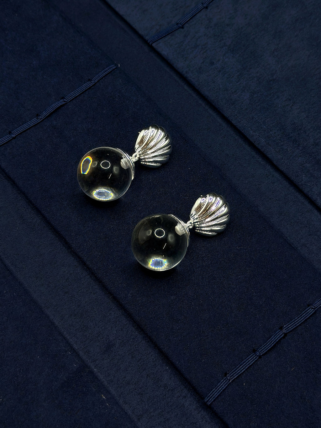 TT original-earring2-Silver fan-shaped seashell earrings | Art Deco style | Beach wedding jewelry | Natural white crystal