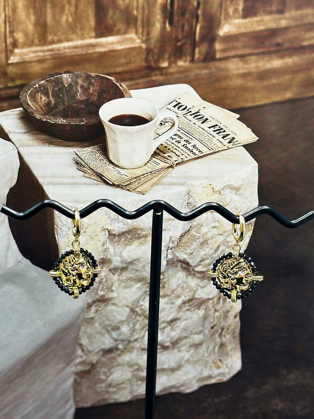 TT original-earring-Vintage Badge Earrings | Unique Black and Gold Earrings | Unisex | Medieval Style Jewelry