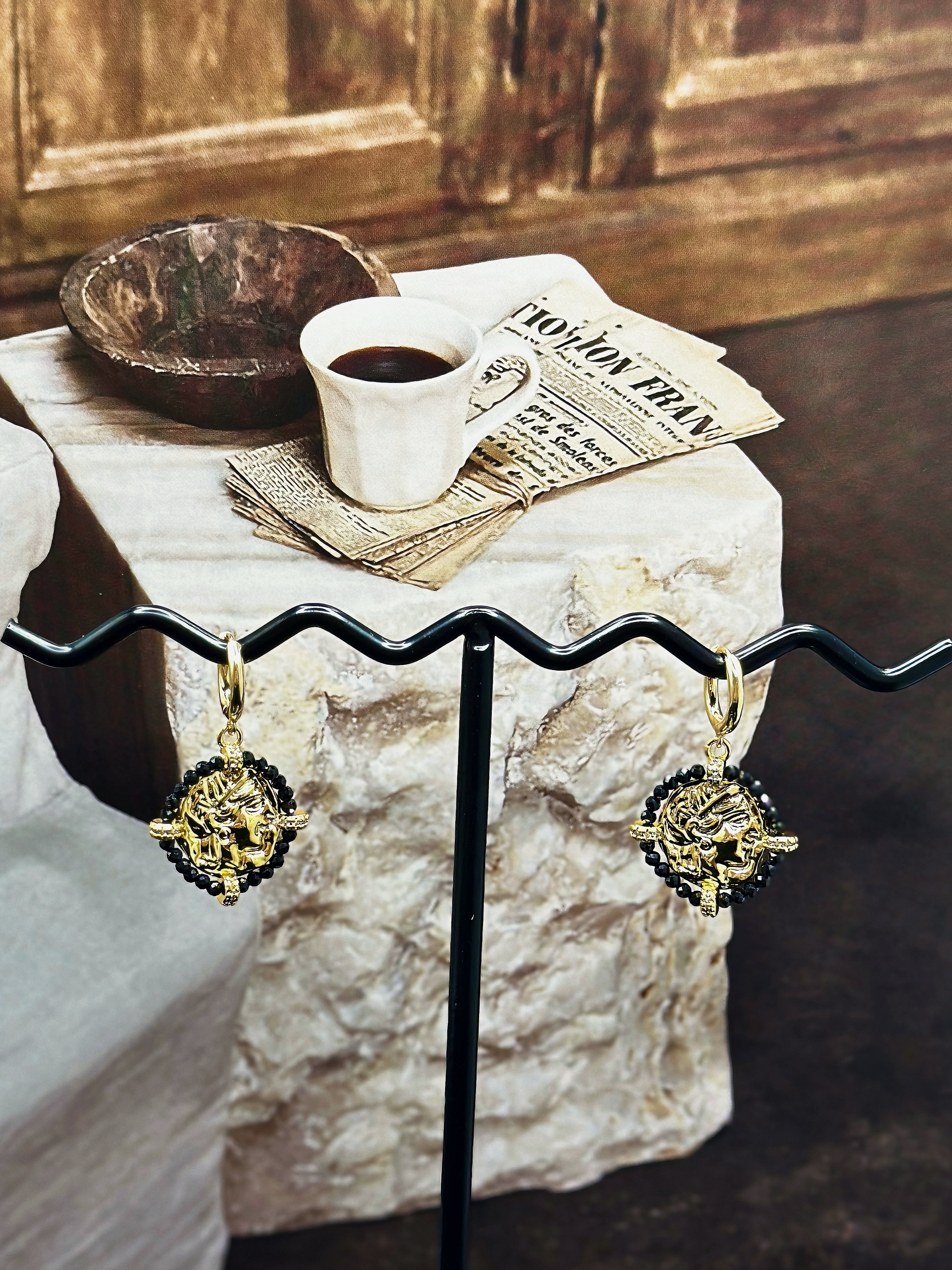 TT original-earring-Vintage Badge Earrings | Unique Black and Gold Earrings | Unisex | Medieval Style Jewelry