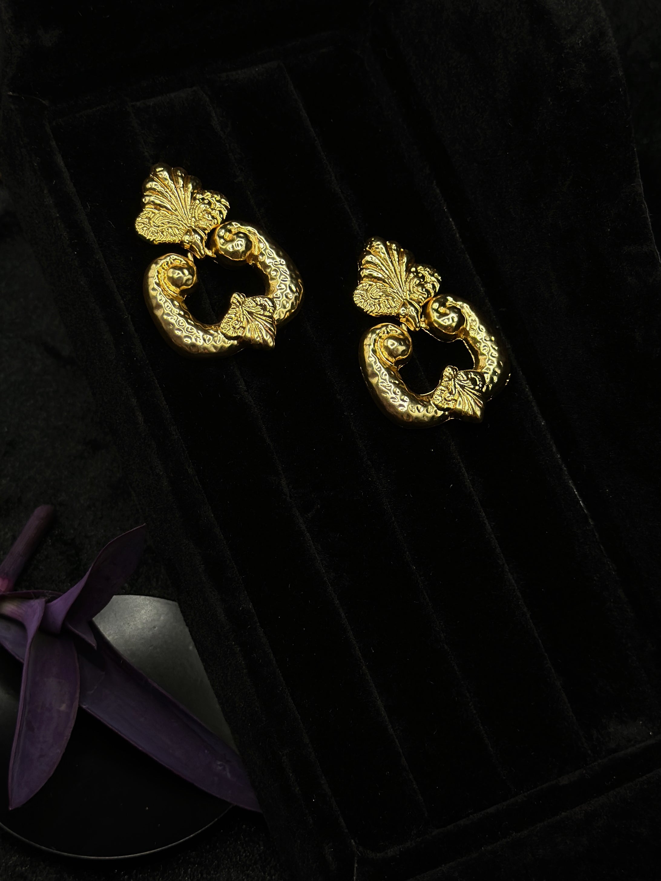 TT original-earring-Vintage French Baroque Gold Earrings | Court Style | Dress Matching | Date/Evening Gowns | Gold Leaf Pattern Earrings