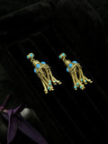 TT original-earring-Bohemian long ethnic style earrings | Vintage gold stud earrings | Blue gemstone-like long earrings | Gold dome tassel earrings