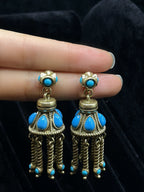 TT original-earring-Bohemian long ethnic style earrings | Vintage gold stud earrings | Blue gemstone-like long earrings | Gold dome tassel earrings