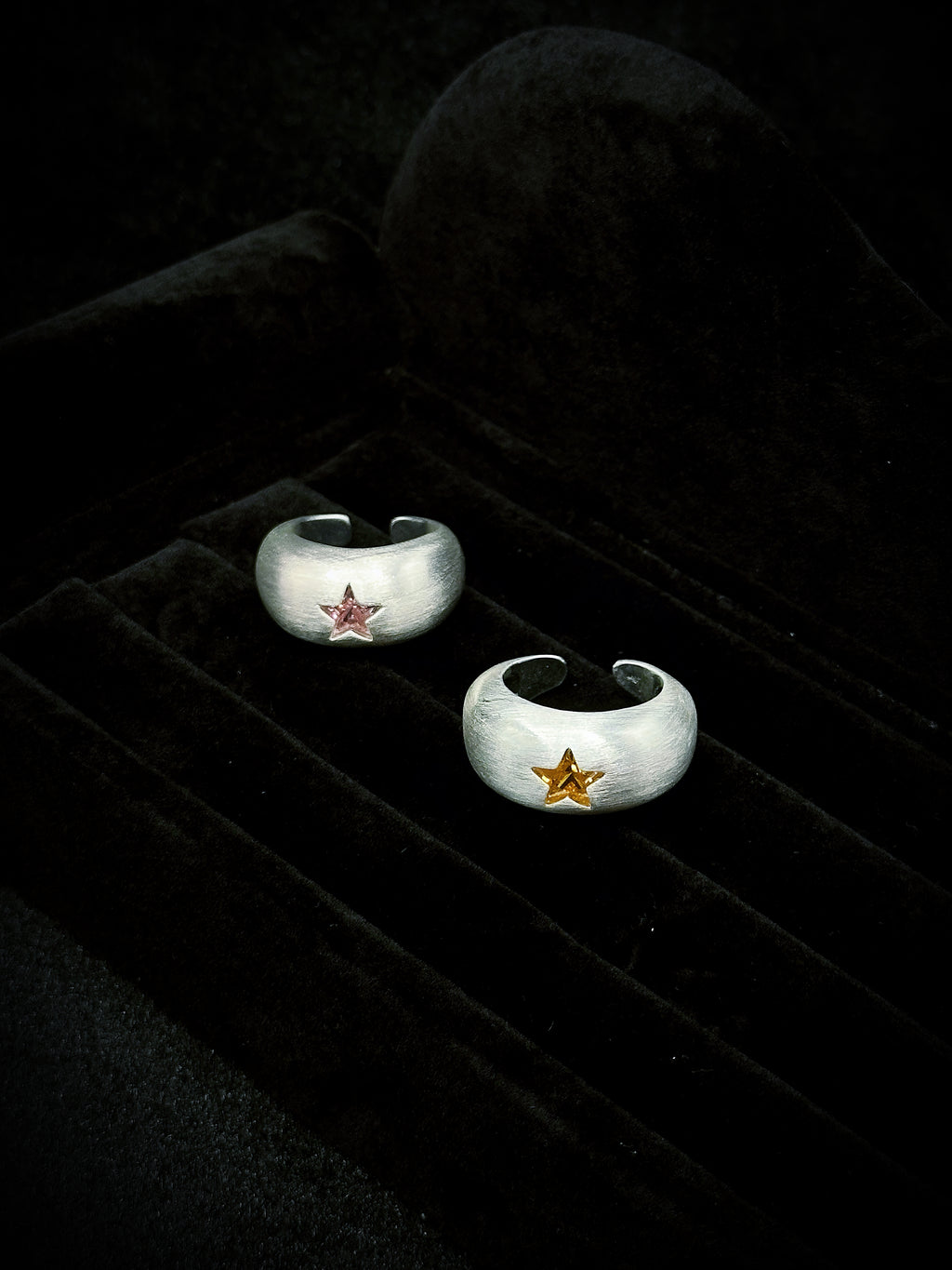 TT original-ring-Vintage half-moon open ring | Handmade feel | Matte brushed silver ring | Five-pointed star ring | Unique wide ring