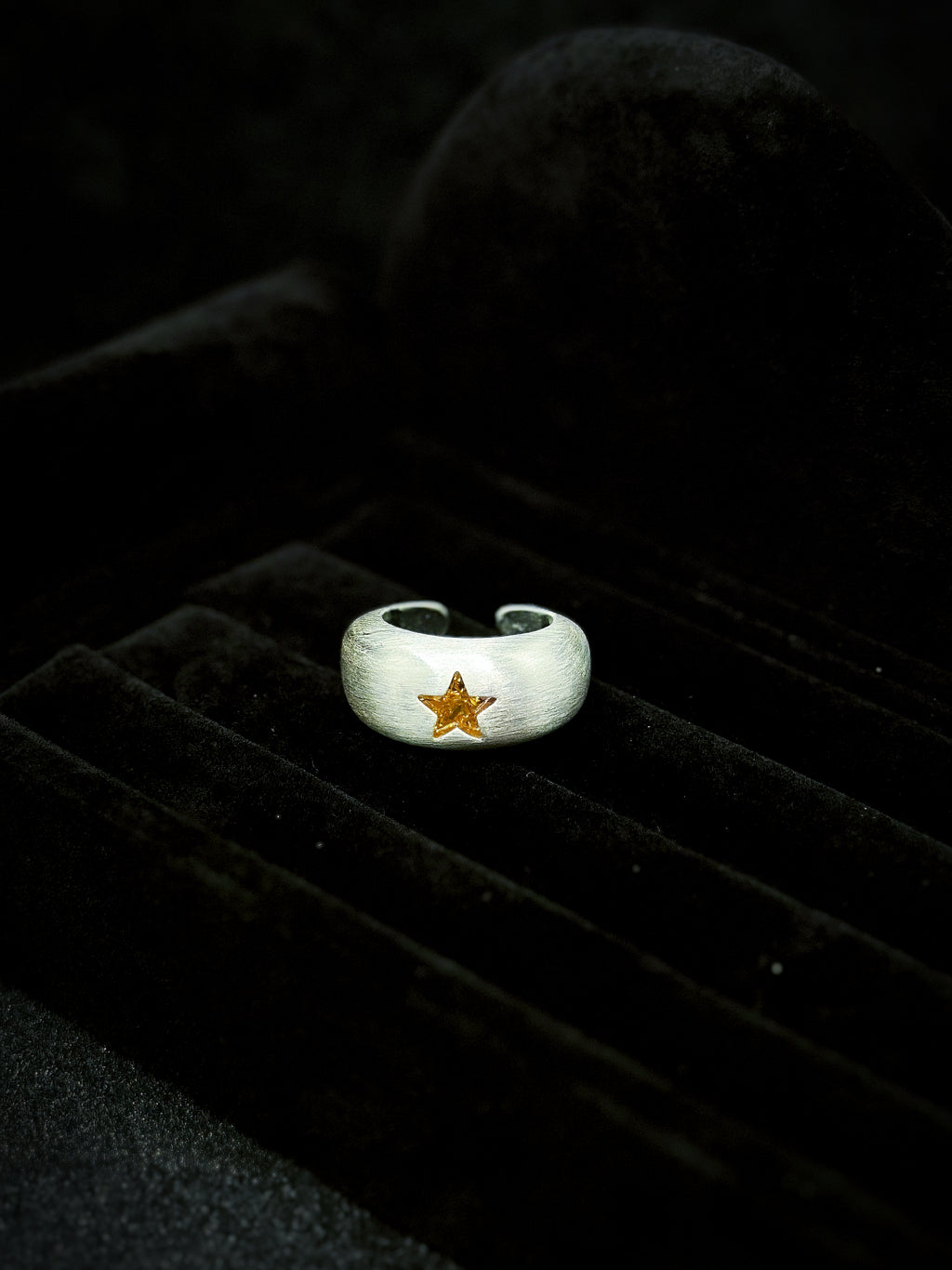 TT original-ring-Vintage half-moon open ring | Handmade feel | Matte brushed silver ring | Five-pointed star ring | Unique wide ring