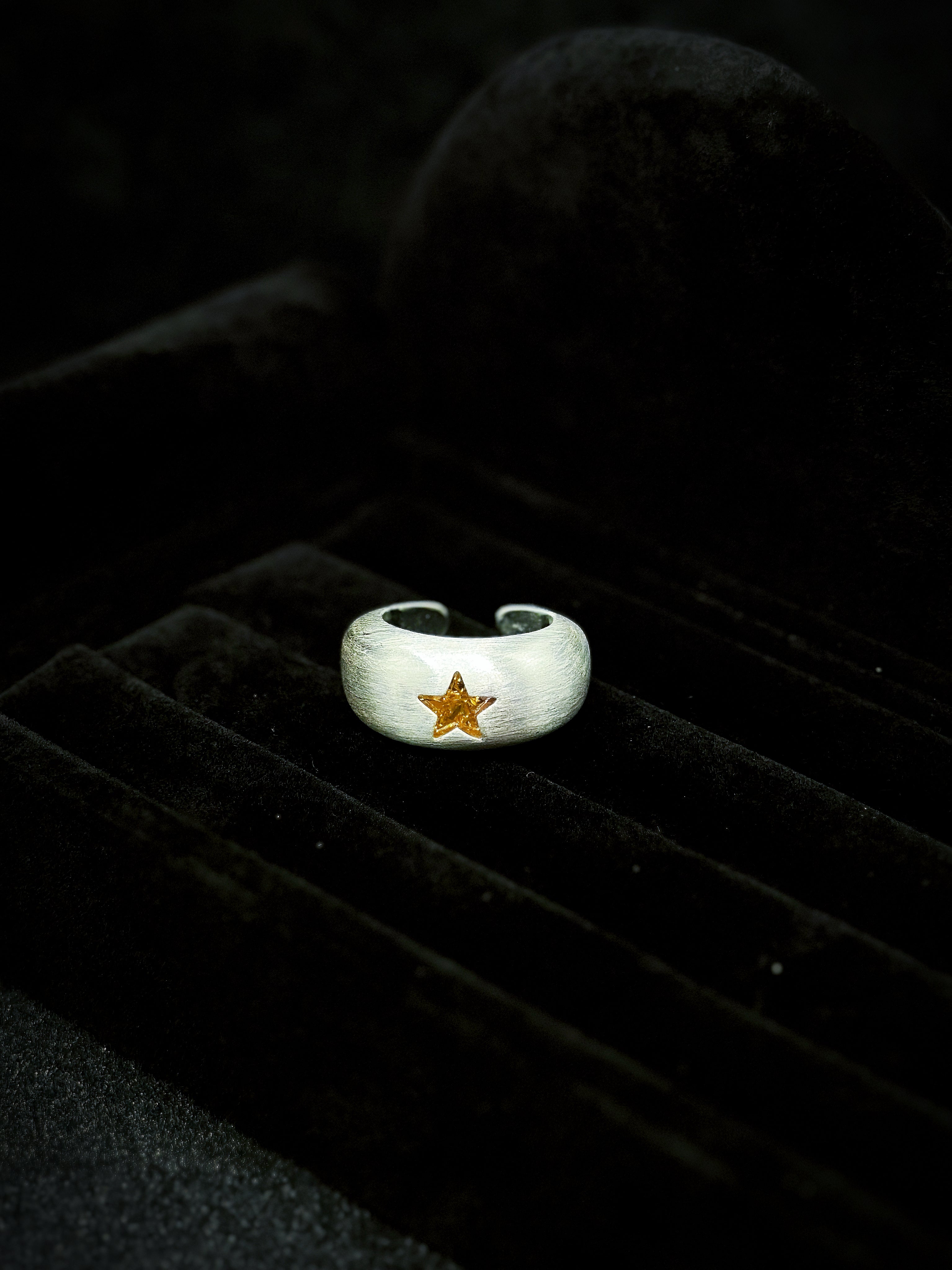TT original-ring-Vintage half-moon open ring | Handmade feel | Matte brushed silver ring | Five-pointed star ring | Unique wide ring