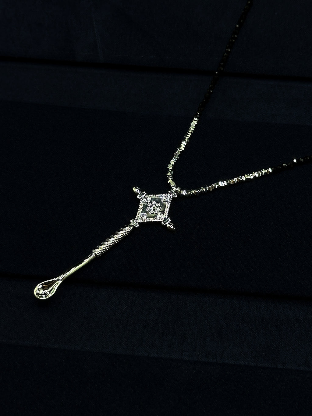 TT original-necklace-Black spinel beaded necklace | Diamond-shaped silver pendant | Stacked jewelry | Black and silver necklace