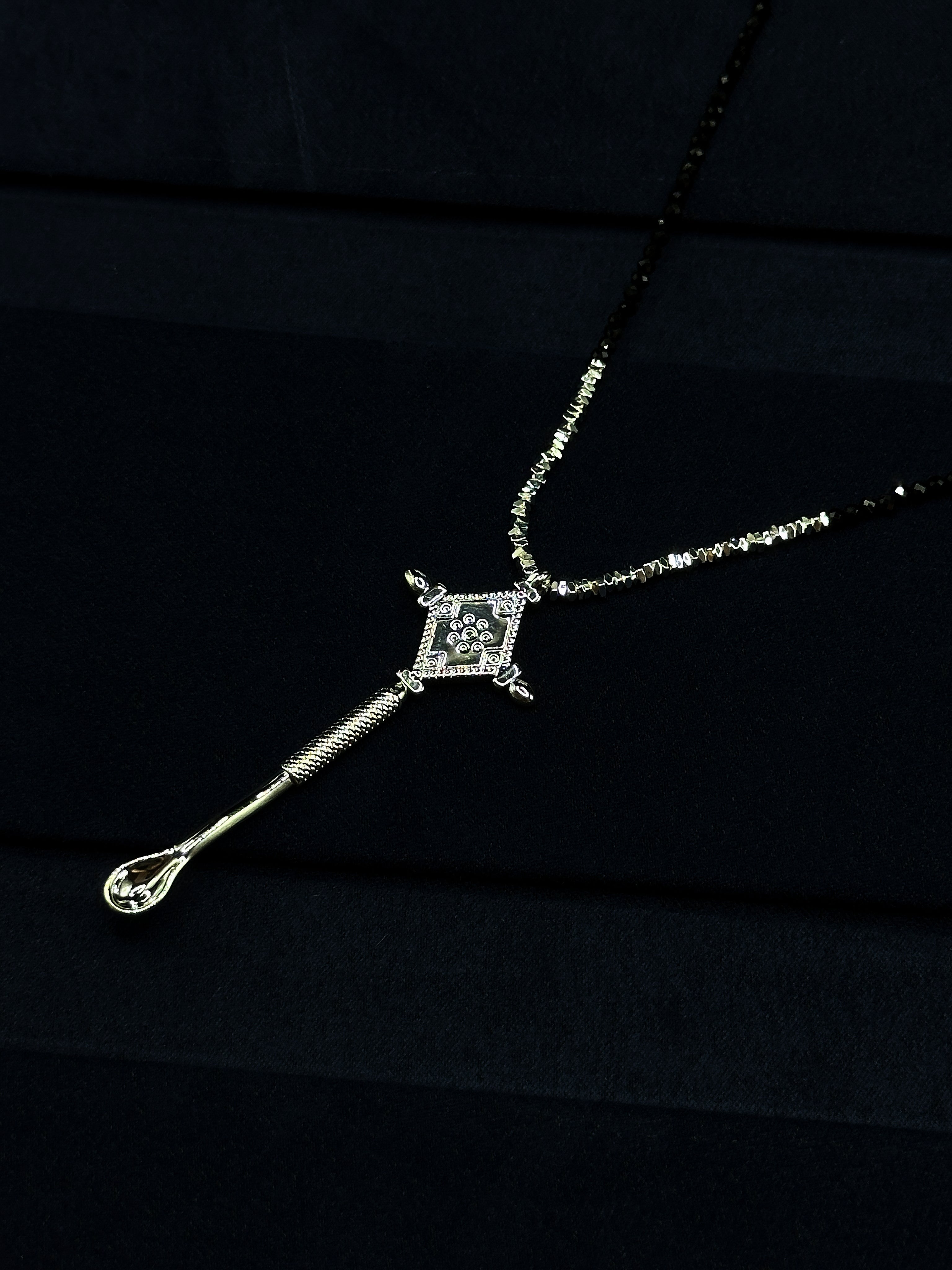 TT original-necklace-Black spinel beaded necklace | Diamond-shaped silver pendant | Stacked jewelry | Black and silver necklace
