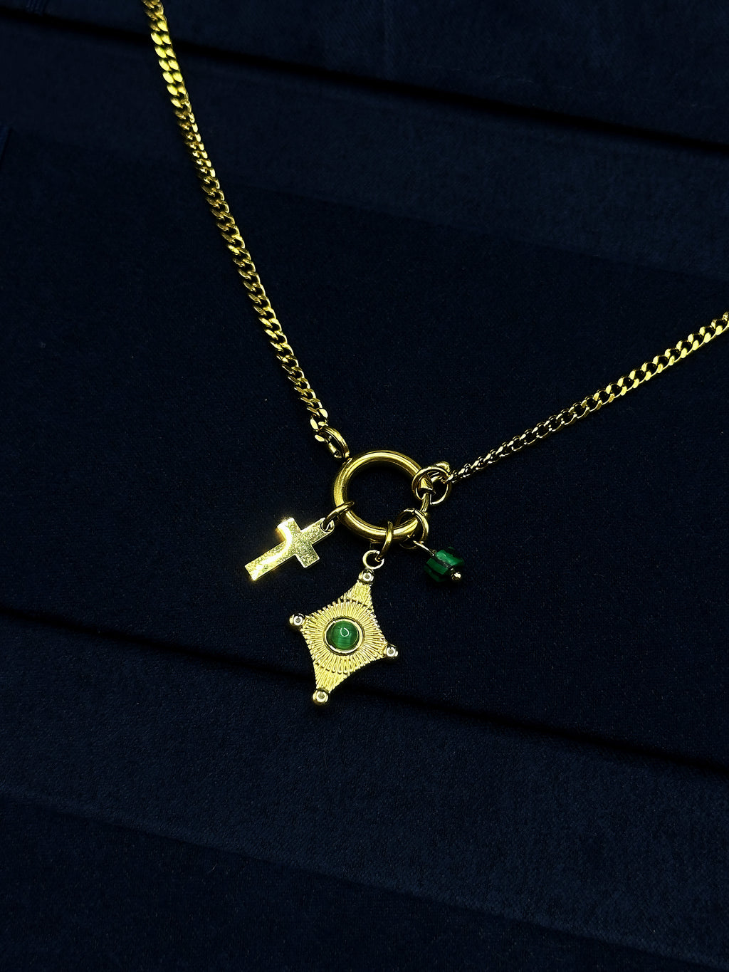 TT original-necklace-Green vintage French necklace | Sunburst cross pendant | Gift of faith | Layered necklaces with an atmospheric feel