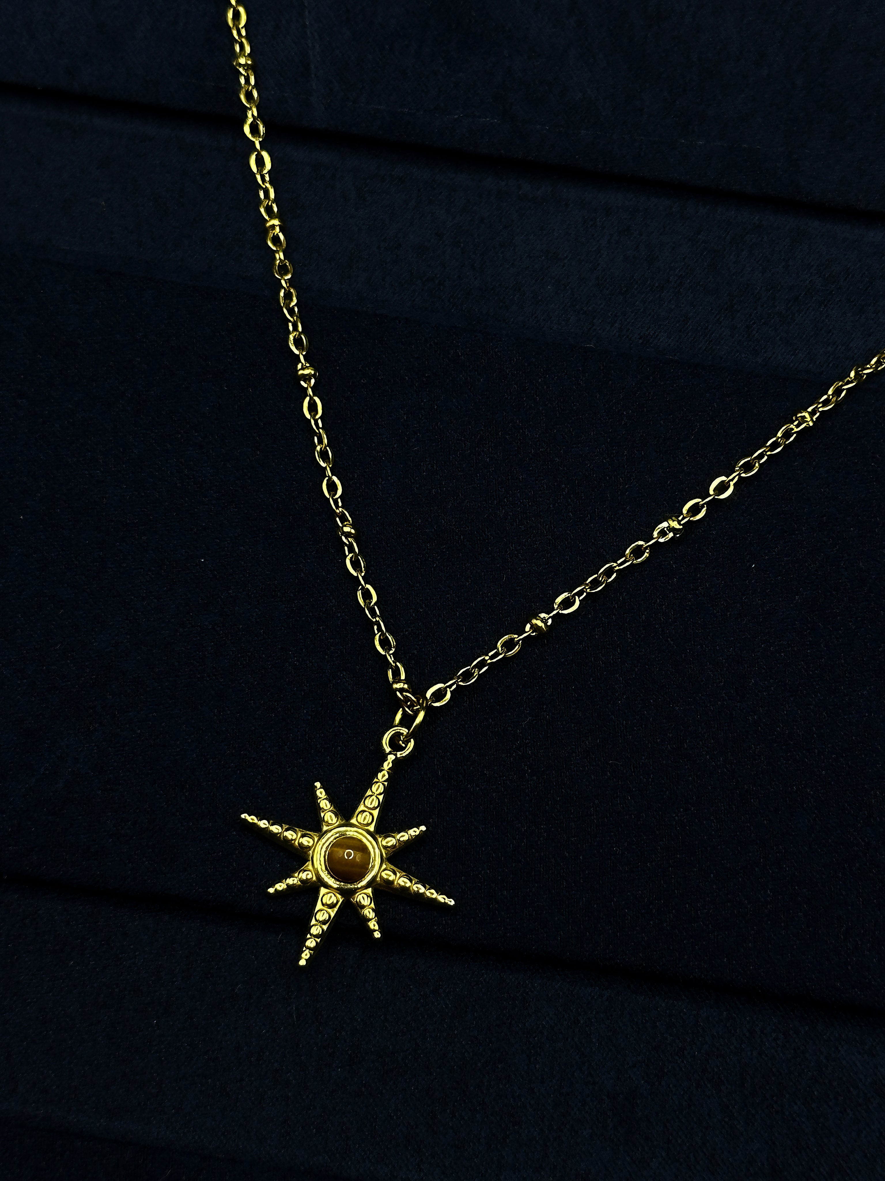 TT original-necklace-Golden Sun and Star Necklace | Natural Tiger's Eye Gemstone | Vintage Bohemian Astrological Spiritual Jewelry Gift | Stacked Jewelry
