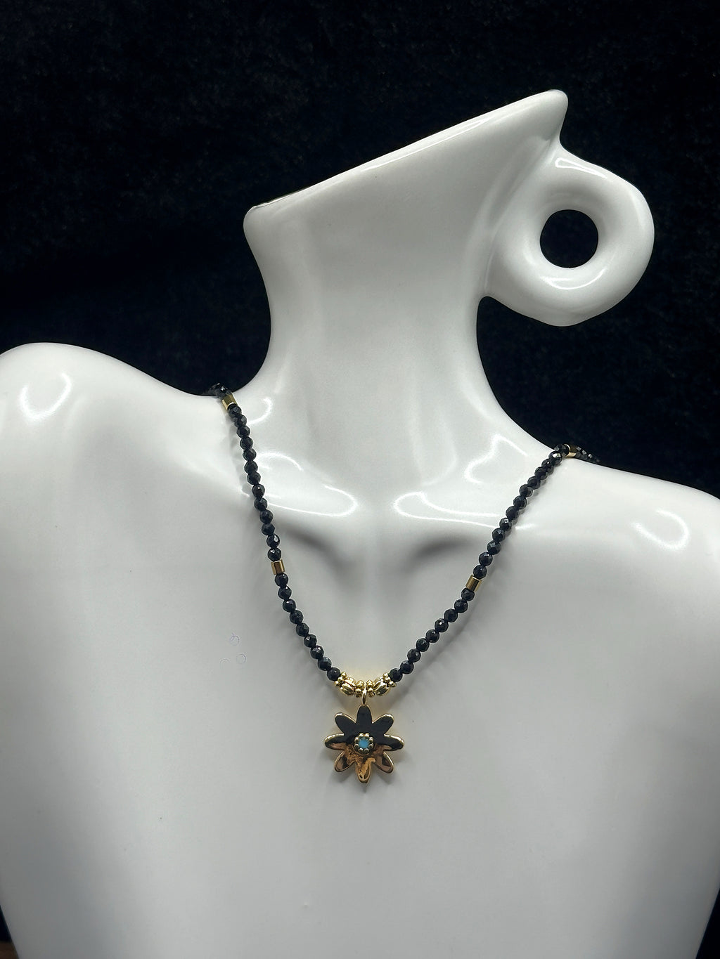 TT original-necklace-Black spinel beaded necklace with gold flowers | Bohemian style choker pendant | Stackable