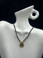 TT original-necklace-Black spinel beaded necklace with gold flowers | Bohemian style choker pendant | Stackable